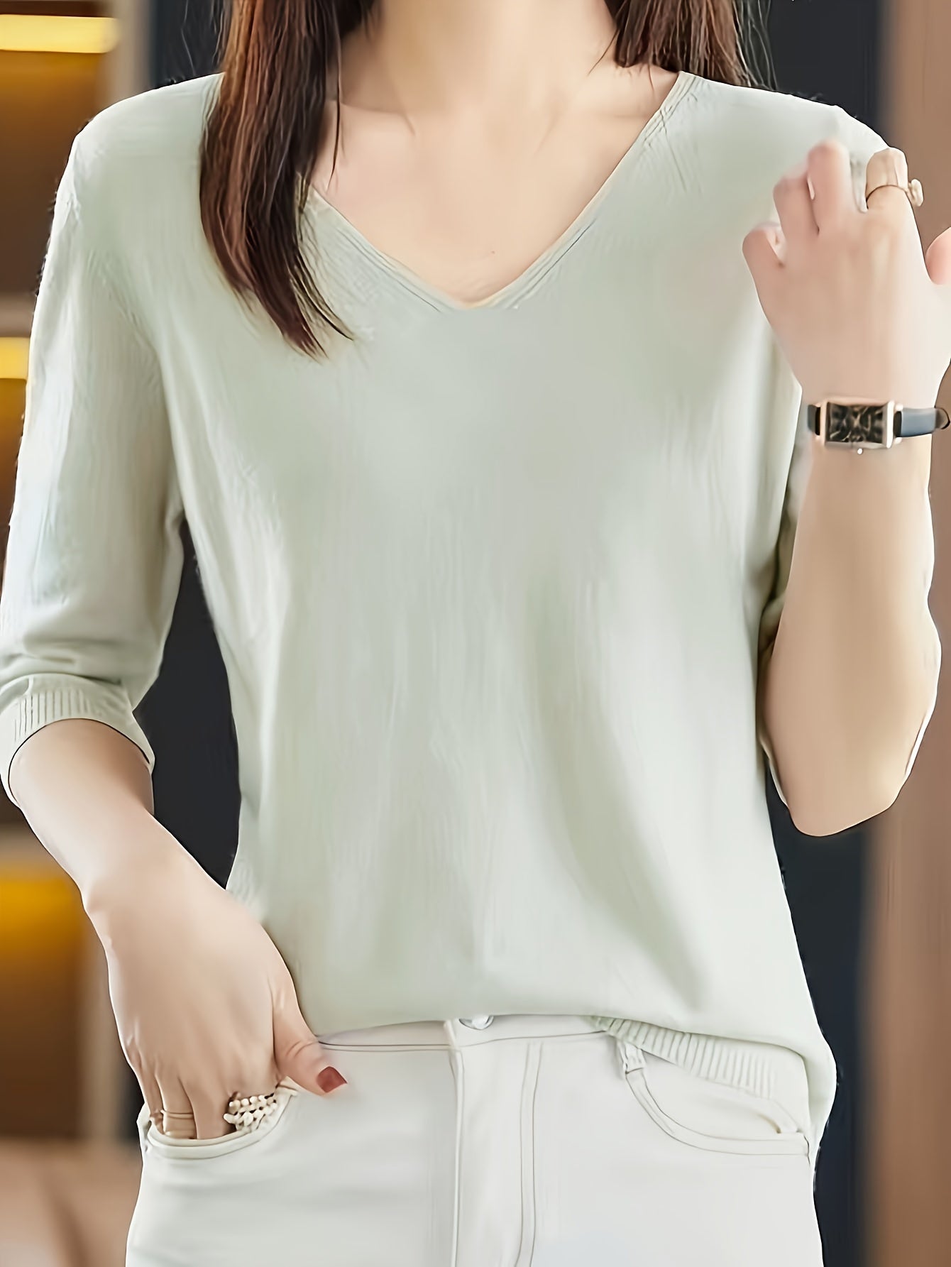 top v-neck, ice silk, simple, versatile
