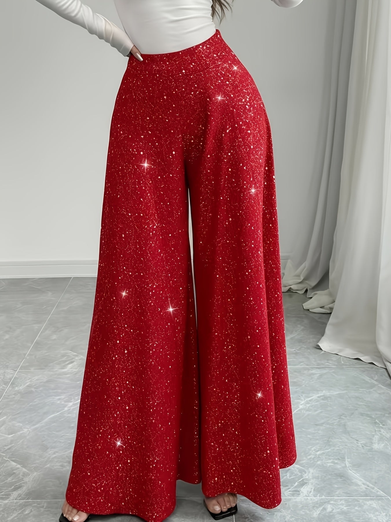 Elegant Flare Leg High-Waist Pants | Galaxy Pattern, Scallop Details, Elastic Waist, Suitable for Parties, Weddings, All-Season