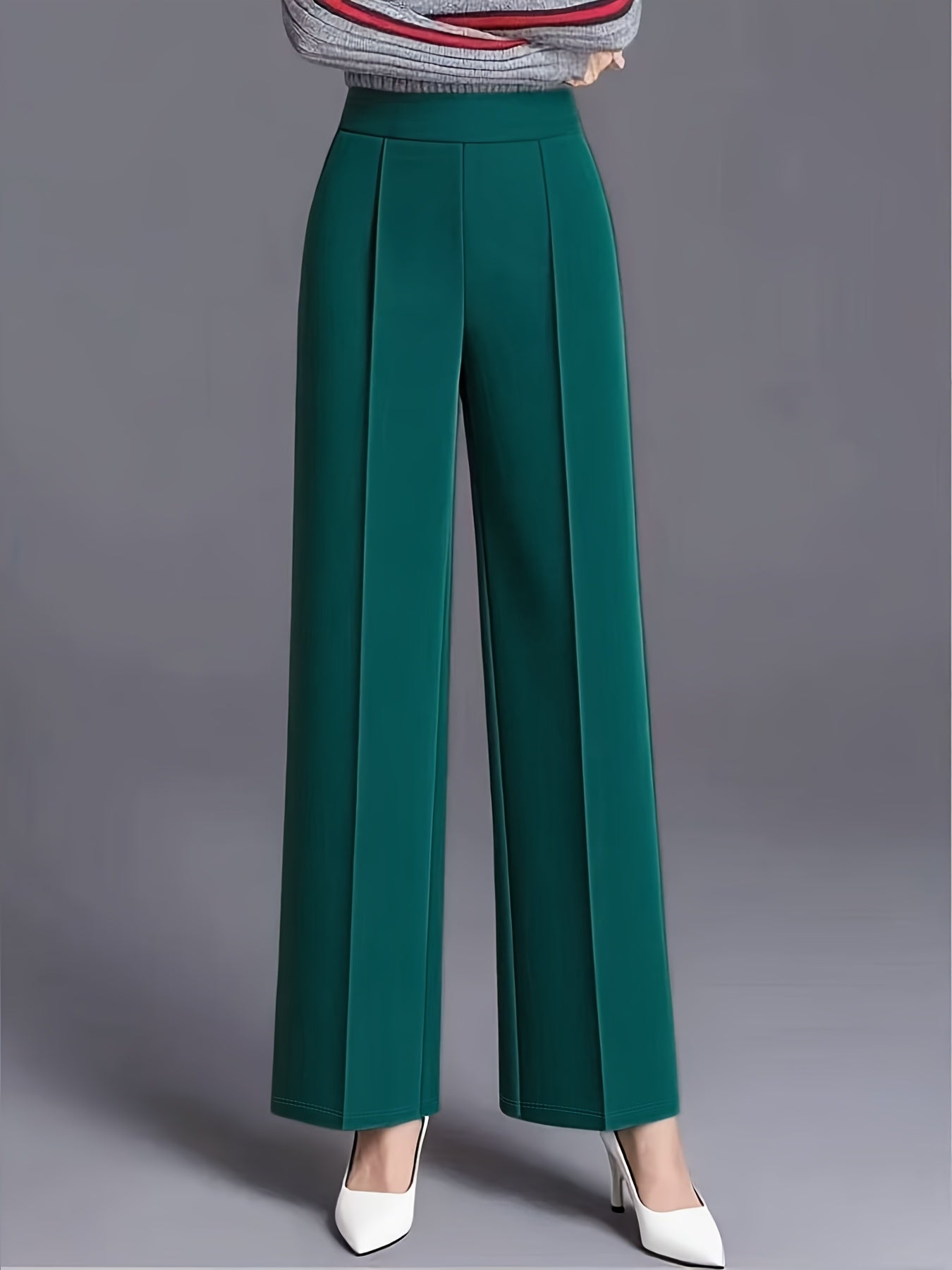 Plus Size - Plus-Size Women'S Elegant High-Waisted Wide-Leg Pants in Solid Pink/Navy Blue, Featuring a Tailored Straight Cut, Diagonal Pockets, Suitable for All Seasons, Office Casual Wear, Machine Washable, Designed Specifically for Curvy Figures.