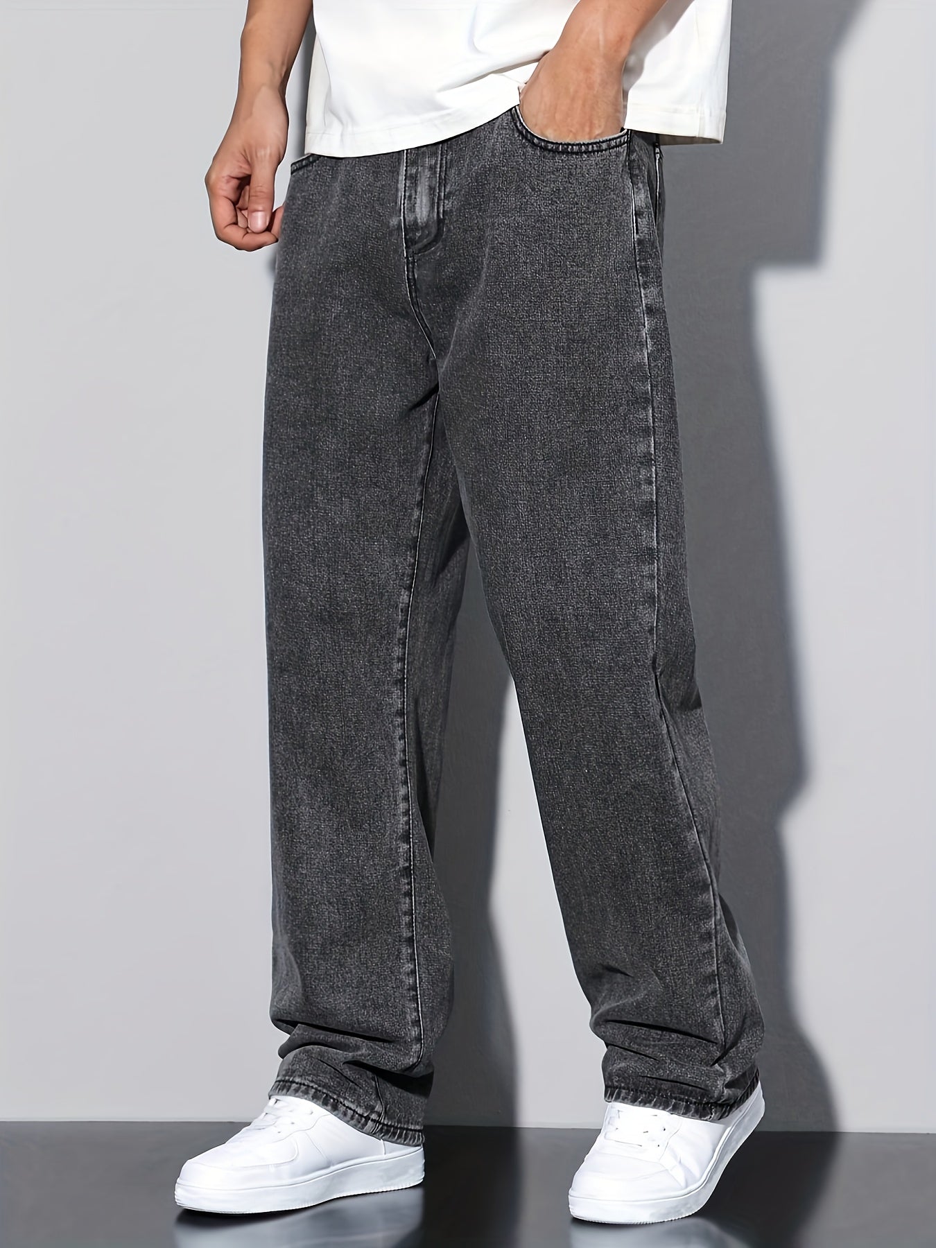 Men'S Loose Straight Leg Faux Denim, Grey Baggy Washed Faux Denim, Non-Stretch Rayon, Mid Waist, Flake Details, Zipper Fly, Street Style, All-Season Comfort, Ideal for Weekend Casual Wear, Everyday Relaxed Fit