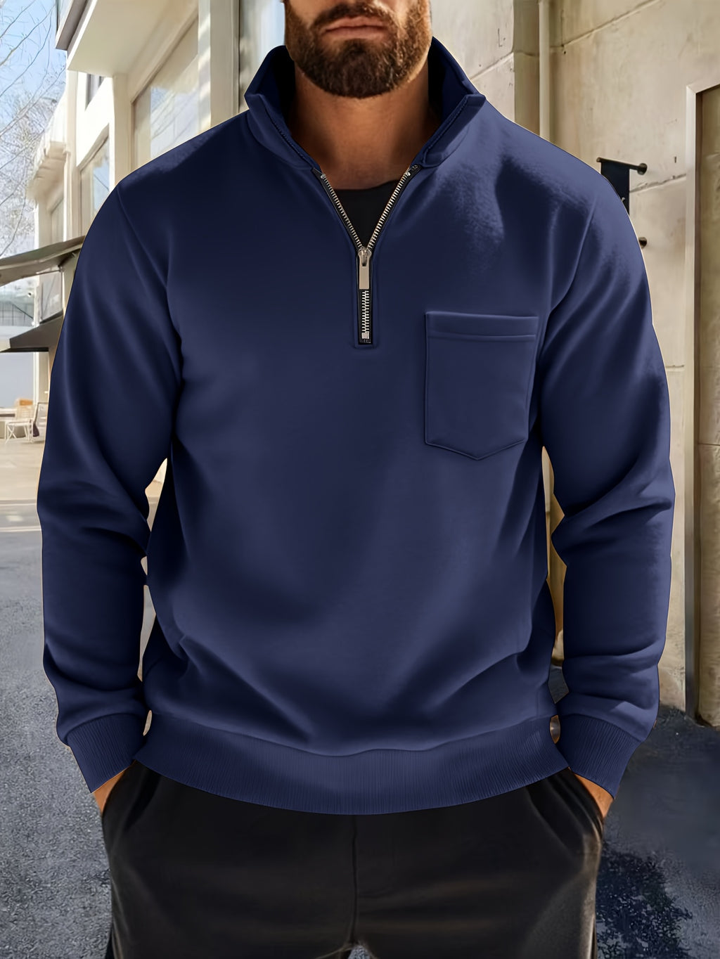 Men'S Thickened Long-Sleeve Shirt - Half-Zip, Versatile Long-Sleeve Polo Shirt, Casual And Adaptable, Featuring a Chest Pocket, Suitable for Autumn/Winter.