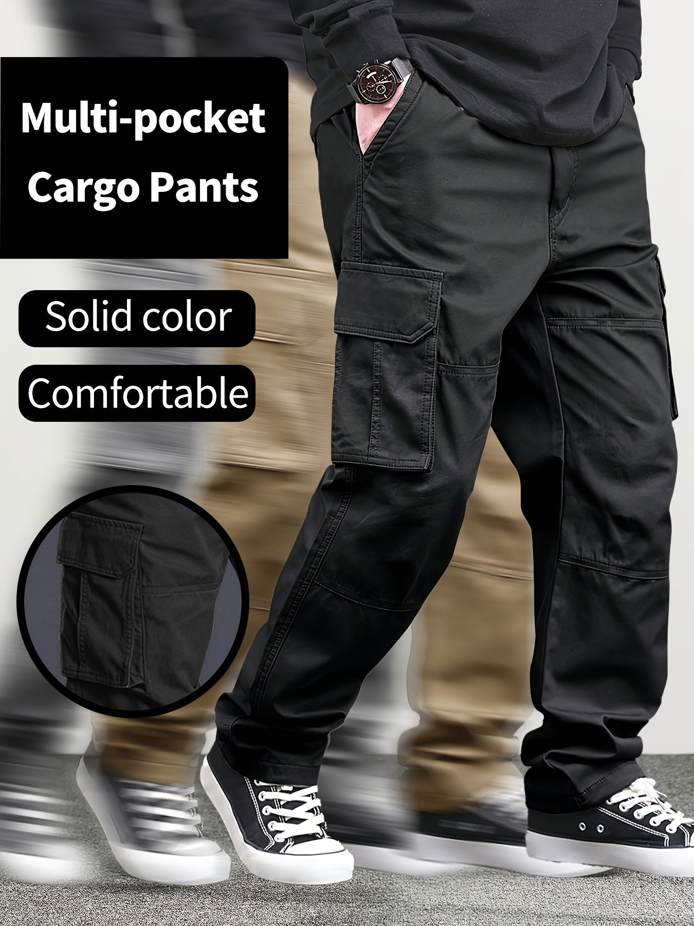 Men'S Solid Color Multi-Pocket Cargo Pants for All Seasons, Breathable And Comfortable Straight-Leg Trousers, Versatile Casual Bottoms for Men, Featuring Drawstrings And Side Pockets, Suitable for Everyday Wear And Outings
