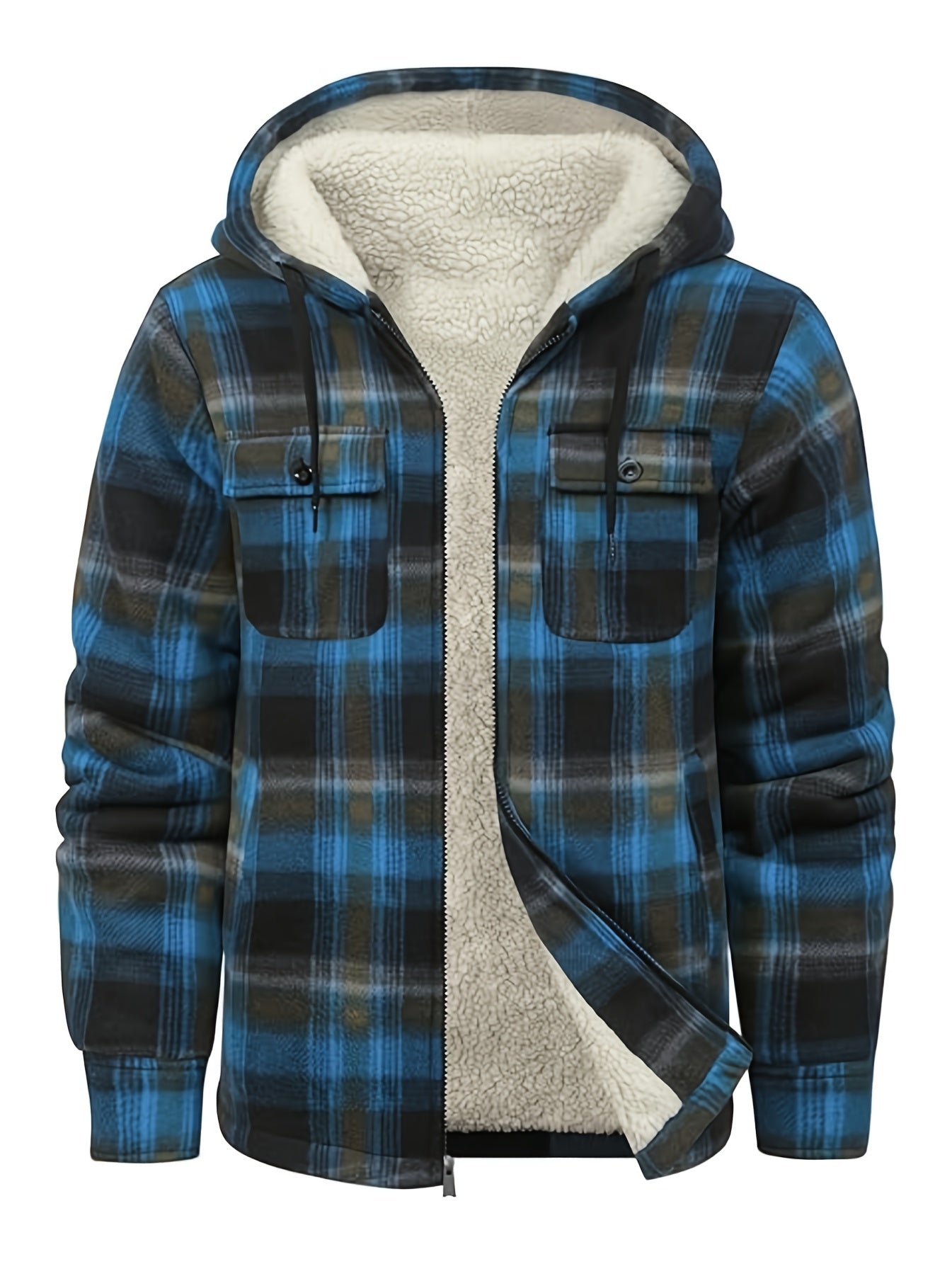 Men's Full-Zip Hooded Winter Sports Plaid Shirt with Fleece Sherpa Lining Warm Hooded Jacket