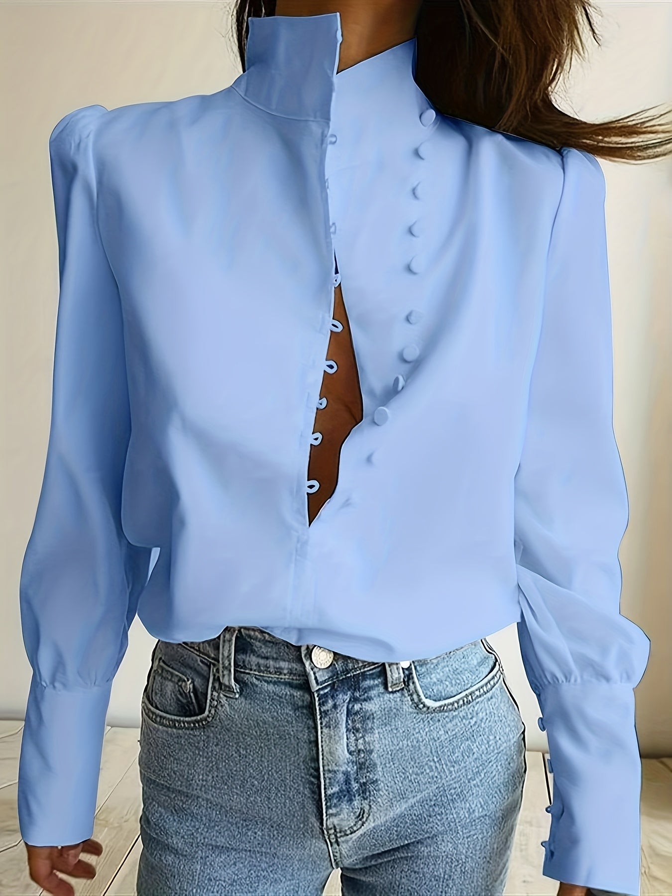 Asymmetrical Lapel Half Placket Shirt | Single Breasted, Long Sleeve, Regular Fit, Solid Color, Casual Tops for Spring/Summer/Fall