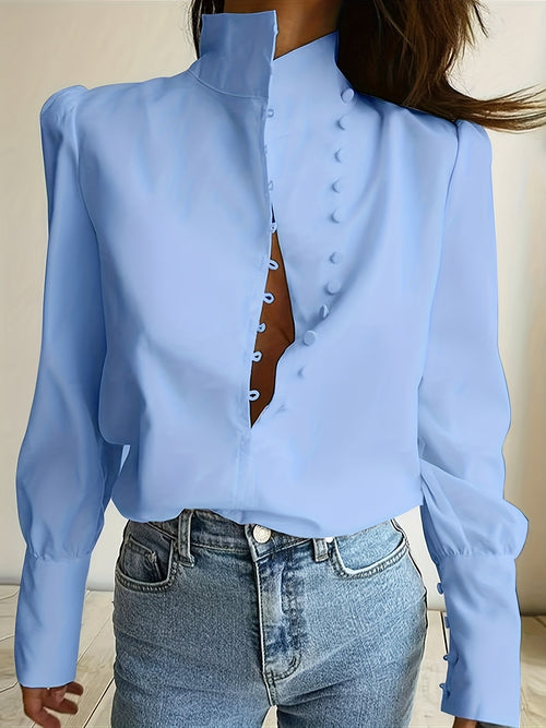 Asymmetrical Lapel Half Placket Shirt | Single Breasted, Long Sleeve, Regular Fit, Solid Color, Casual Tops for Spring/Summer/Fall