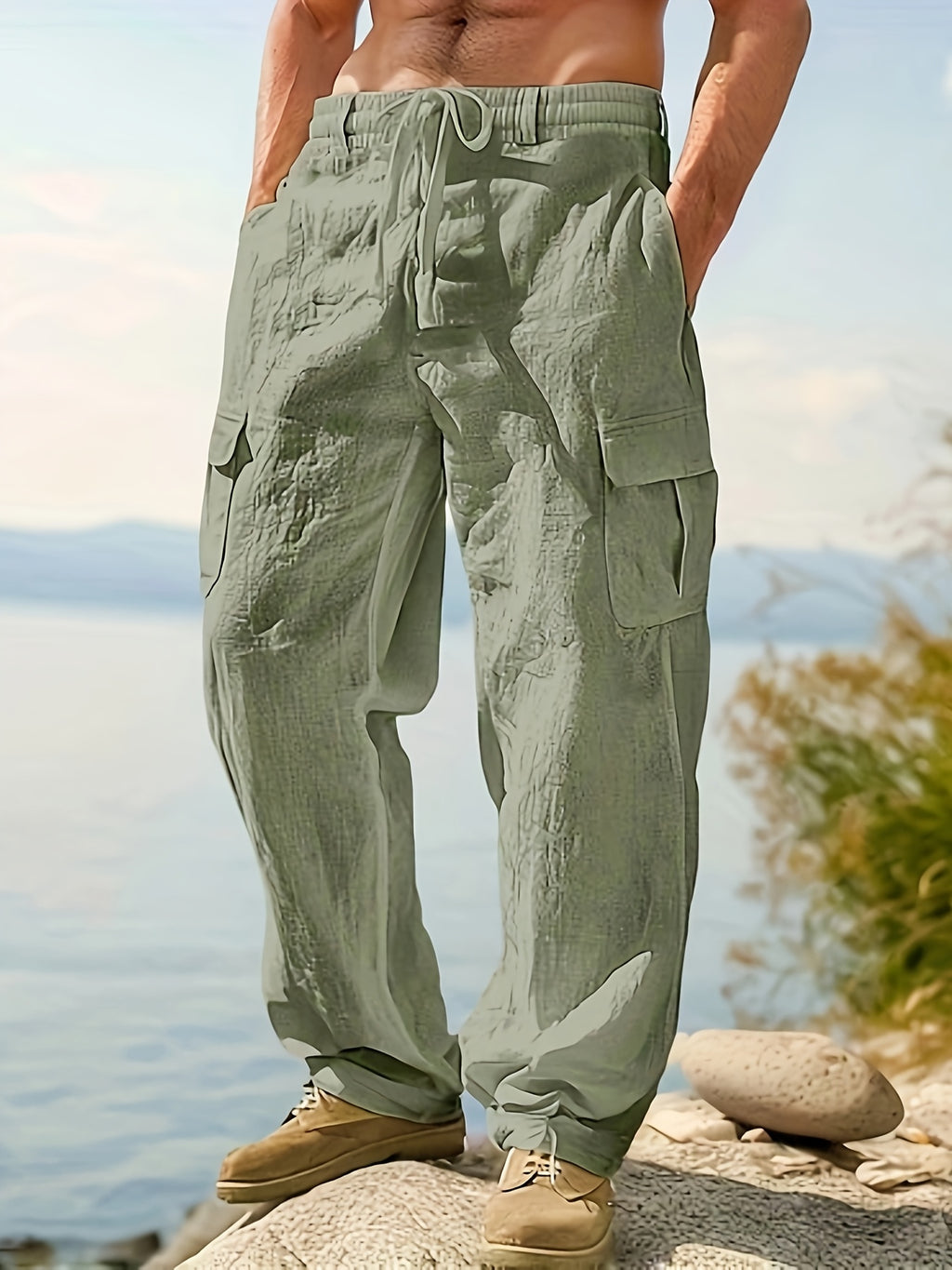 Men'S Casual Linen Cargo Pants with Multiple Pockets - Loose Fit, Drawstring Waist, Perfect for Beach, Vacation & Casual Outings, Allseason Trousers, Vacation Pants, Textured Fabric