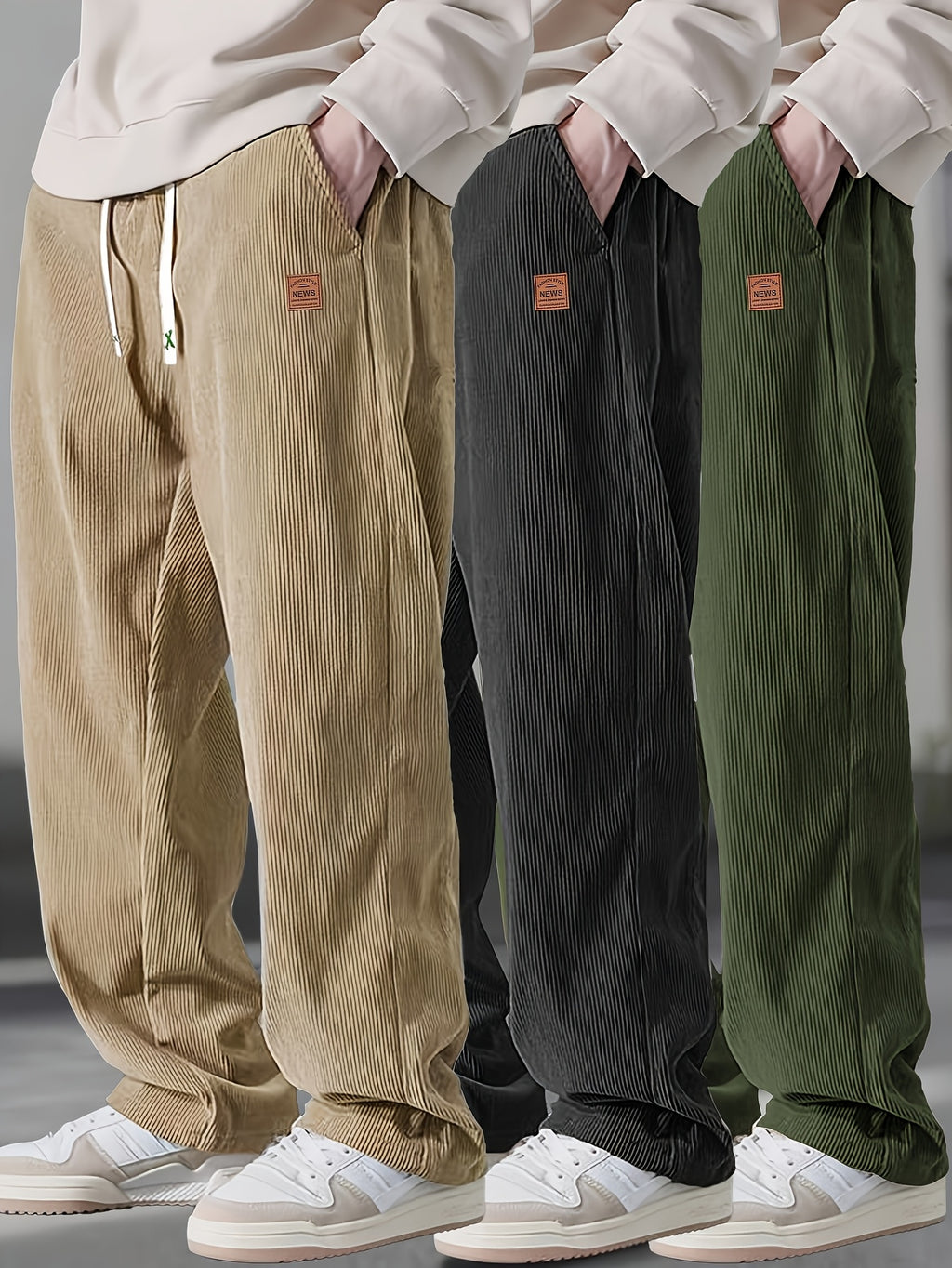Men's Loose Straight Mid-Waist Elastic Drawstring Side Pocket Corduroy Casual Pants - Beige, Olive Green, Black, Dark Grey