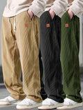 Men's Loose Straight Mid-Waist Elastic Drawstring Side Pocket Corduroy Casual Pants - Beige, Olive Green, Black, Dark Grey