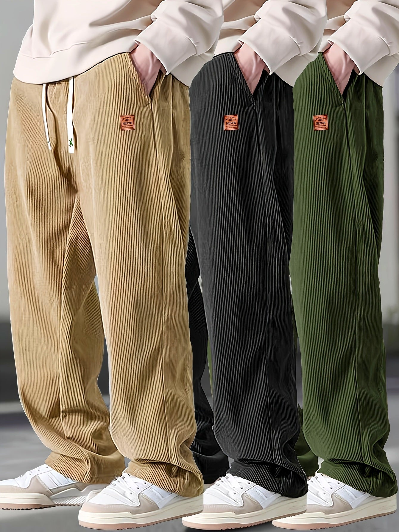 Men's Loose Straight Mid-Waist Elastic Drawstring Side Pocket Corduroy Casual Pants - Beige, Olive Green, Black, Dark Grey