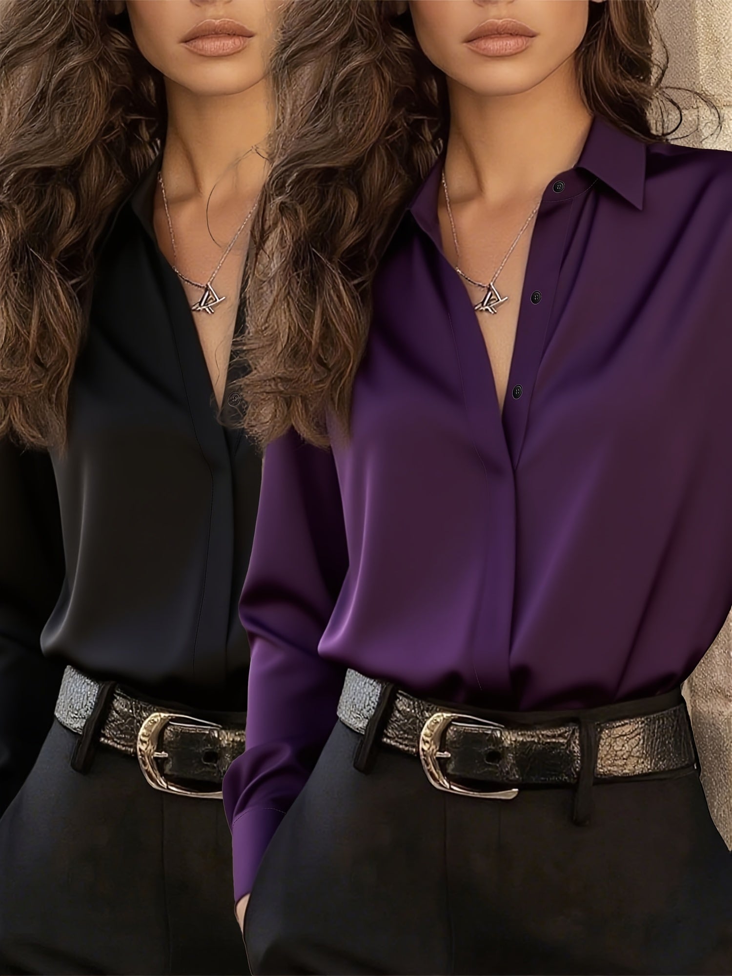 French Style Women'S Long Sleeve Button- Shirt | Solid Color, Lapel Collar, Single Breasted Plaquet, Professional Attire for All Seasons