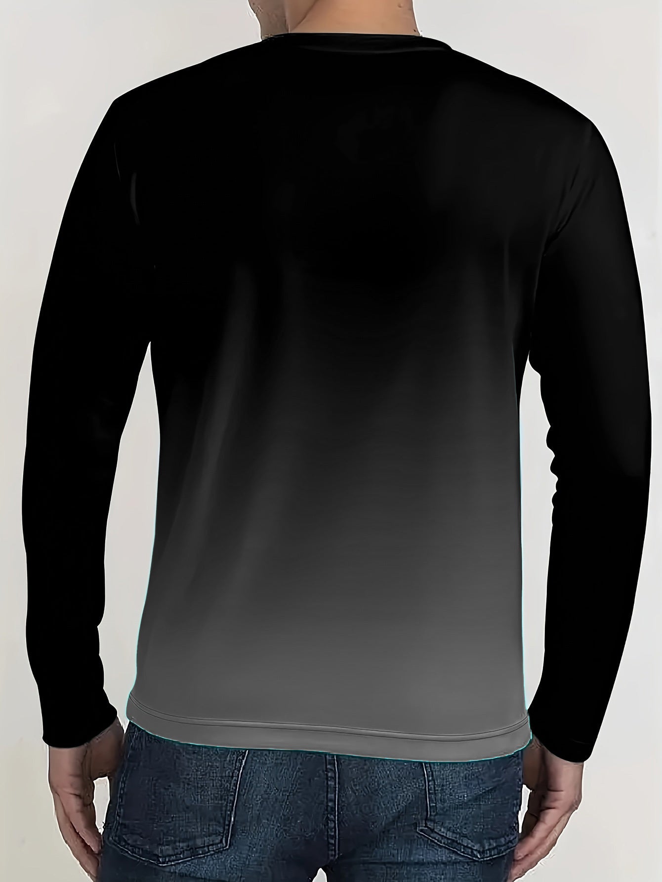 [Gradient Long Sleeve] Men'S Long Sleeve T-Shirt - Soft Stretch Fabric, Black to Turquoise/Orange/Gray Gradient, Formal & Halloween Costume Tee - Machine Washable Everyday Shirt for Year-Round Wear, Versatile Clothing, Stylish Top, Comfortable Fit, Pullov