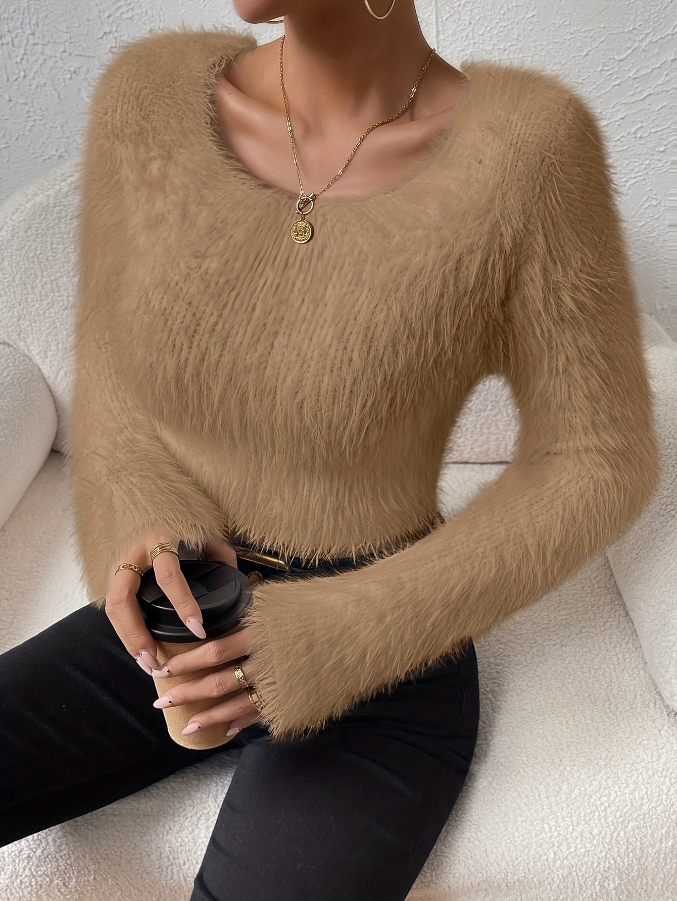 2025 Autumn & Winter New Women's Fluffy Cropped Sweater, Soft and Comfortable, Crew Neck, Long Sleeve, Fashionable and Stylish