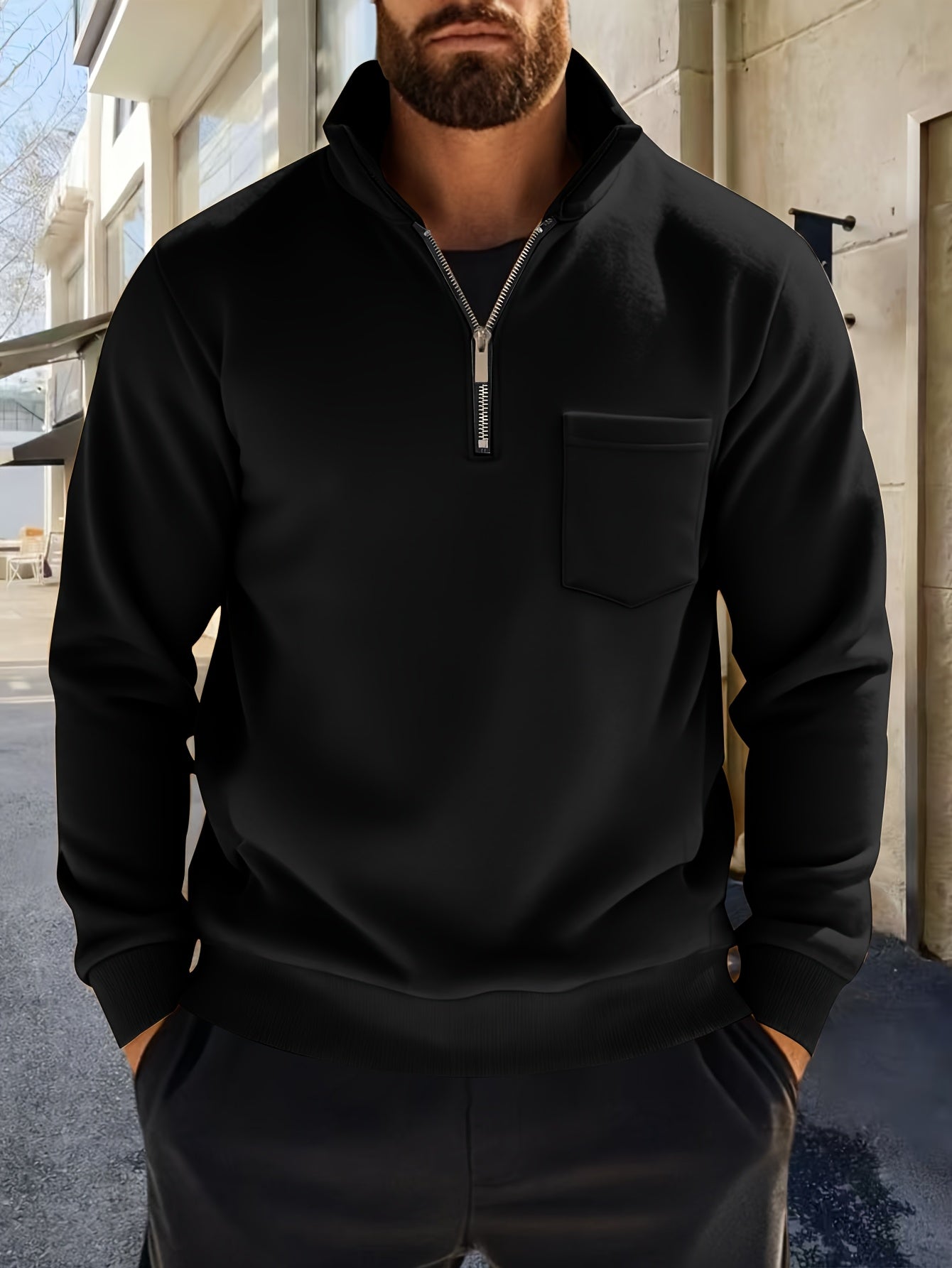 Men'S Thickened Long-Sleeve Shirt - Half-Zip, Versatile Long-Sleeve Polo Shirt, Casual And Adaptable, Featuring a Chest Pocket, Suitable for Autumn/Winter.