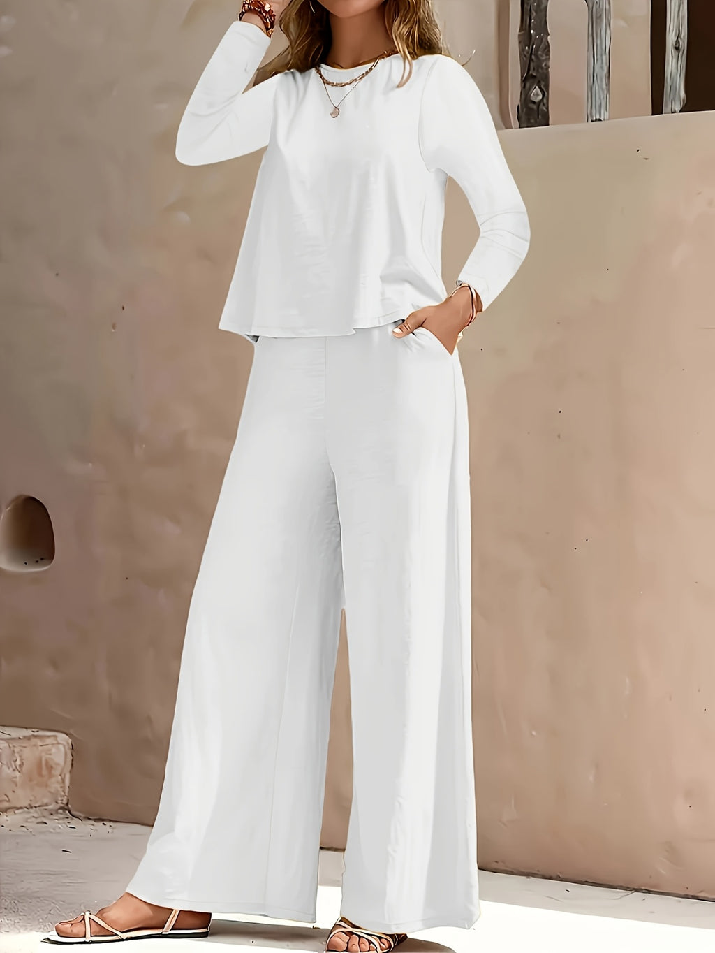 Women'S Casual Solid Color Long Sleeve Round Neck Top And Pants Set, Women'S Clothing