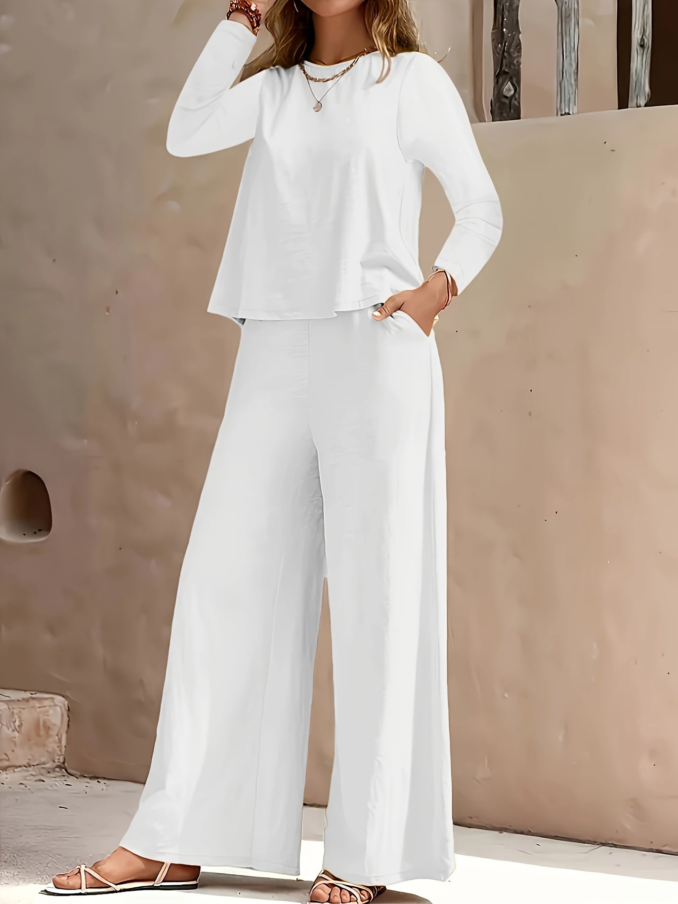 Women'S Casual Solid Color Long Sleeve Round Neck Top And Pants Set, Women'S Clothing