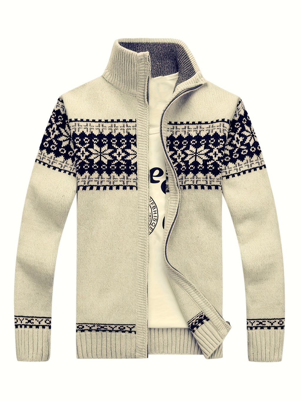 Men'S Casual Winter Knit Cardigan - Black with Intricate White Snowflake Pattern, Stand Collar, Long Sleeve, Zipper Closure, Perfect for Fall & Winter, Everyday Comfort|Stylish Winter Wear|Zippered Cardigan, Thick