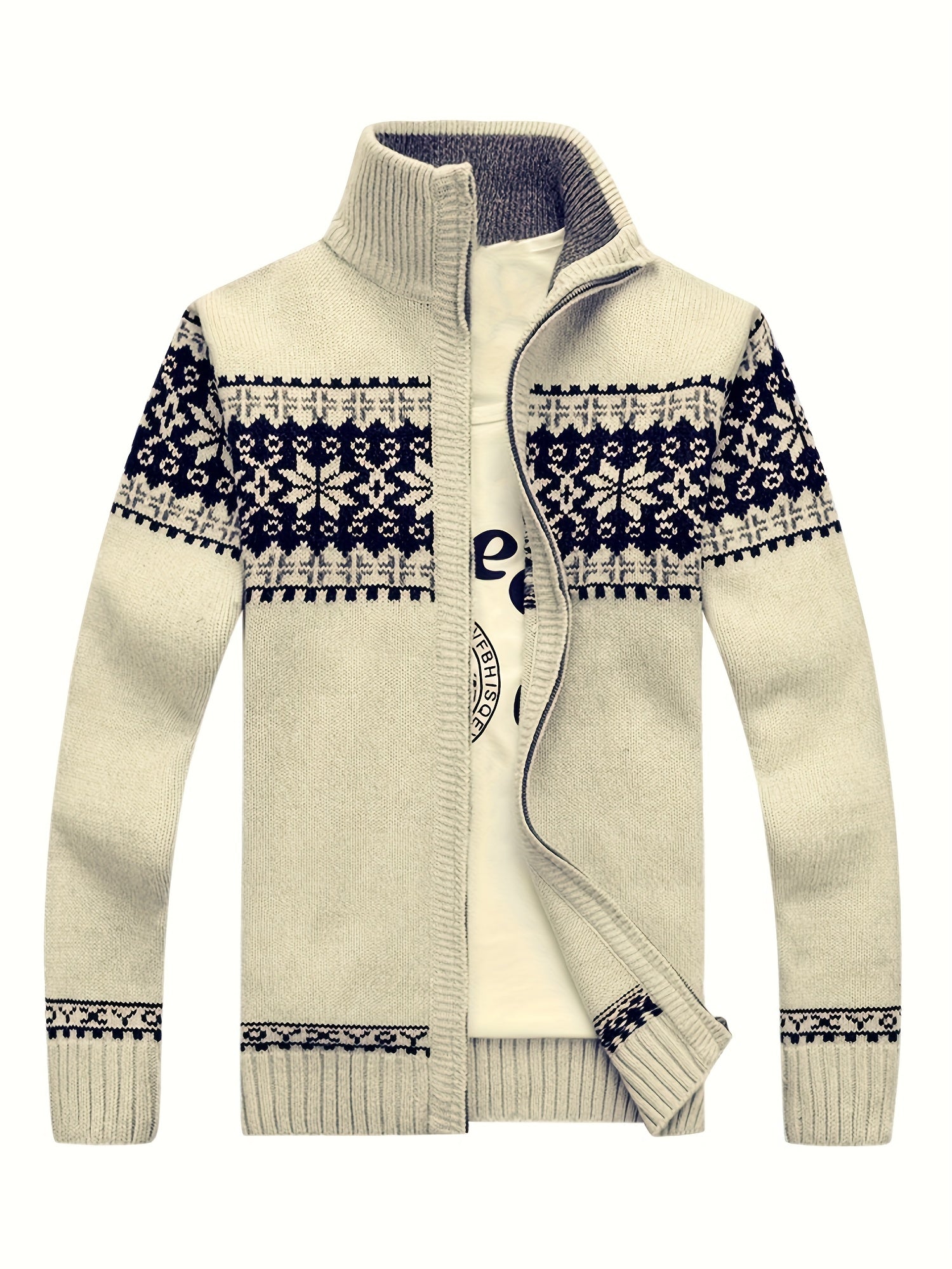 Men'S Casual Winter Knit Cardigan - Black with Intricate White Snowflake Pattern, Stand Collar, Long Sleeve, Zipper Closure, Perfect for Fall & Winter, Everyday Comfort|Stylish Winter Wear|Zippered Cardigan, Thick