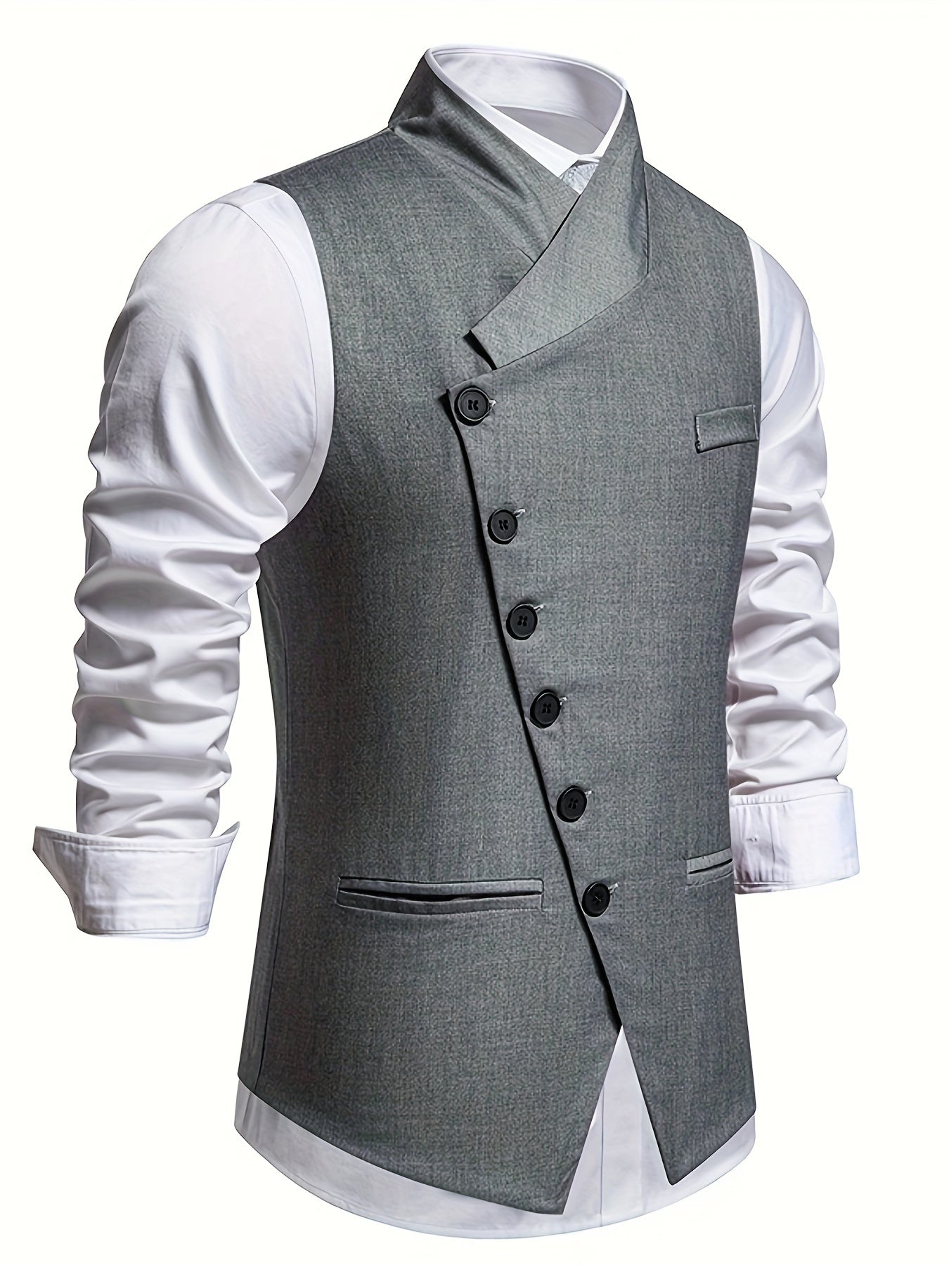 Stylish Men's Single-Breasted Suit Vest, Party Wedding Stage Slant Button Half-Notch Lapel Vest