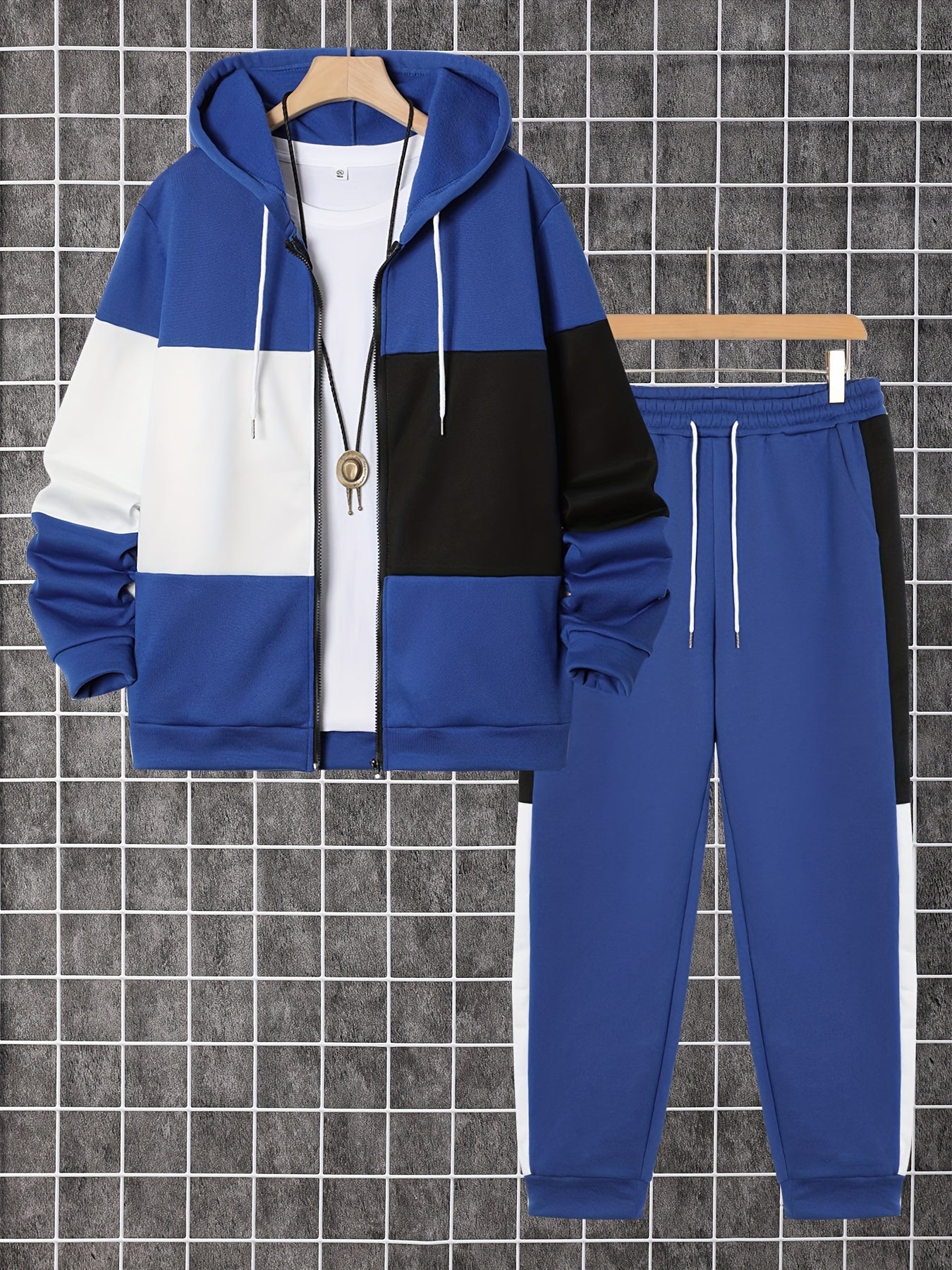 Men'S Clothing, a Two-Piece Set Featuring a Color-Blocked Long-Sleeve Zip-Up Hoodie And Drawstring Pants, Perfect for Outdoor Activities.