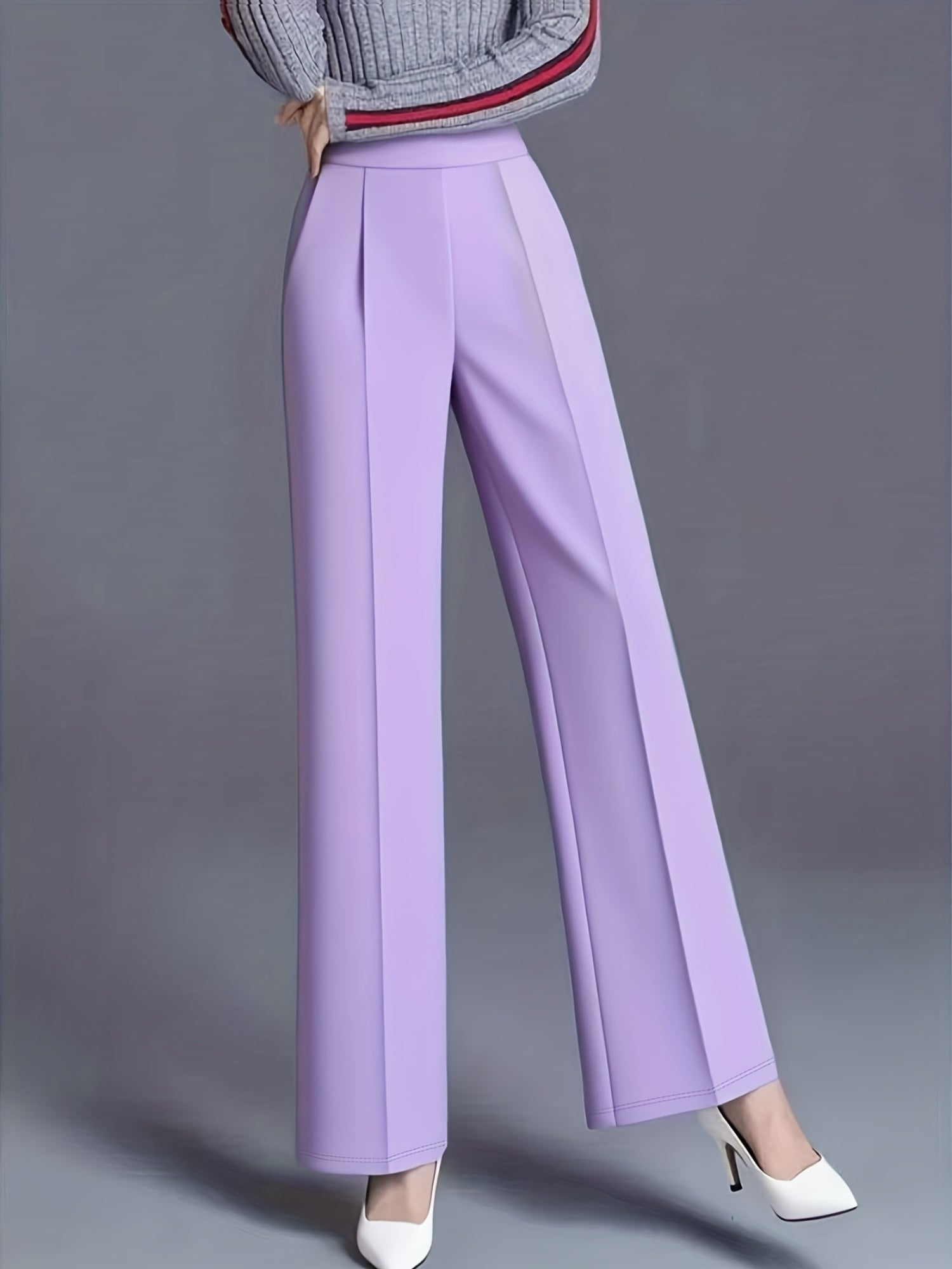 Plus Size - Plus-Size Women'S Elegant High-Waisted Wide-Leg Pants in Solid Pink/Navy Blue, Featuring a Tailored Straight Cut, Diagonal Pockets, Suitable for All Seasons, Office Casual Wear, Machine Washable, Designed Specifically for Curvy Figures.