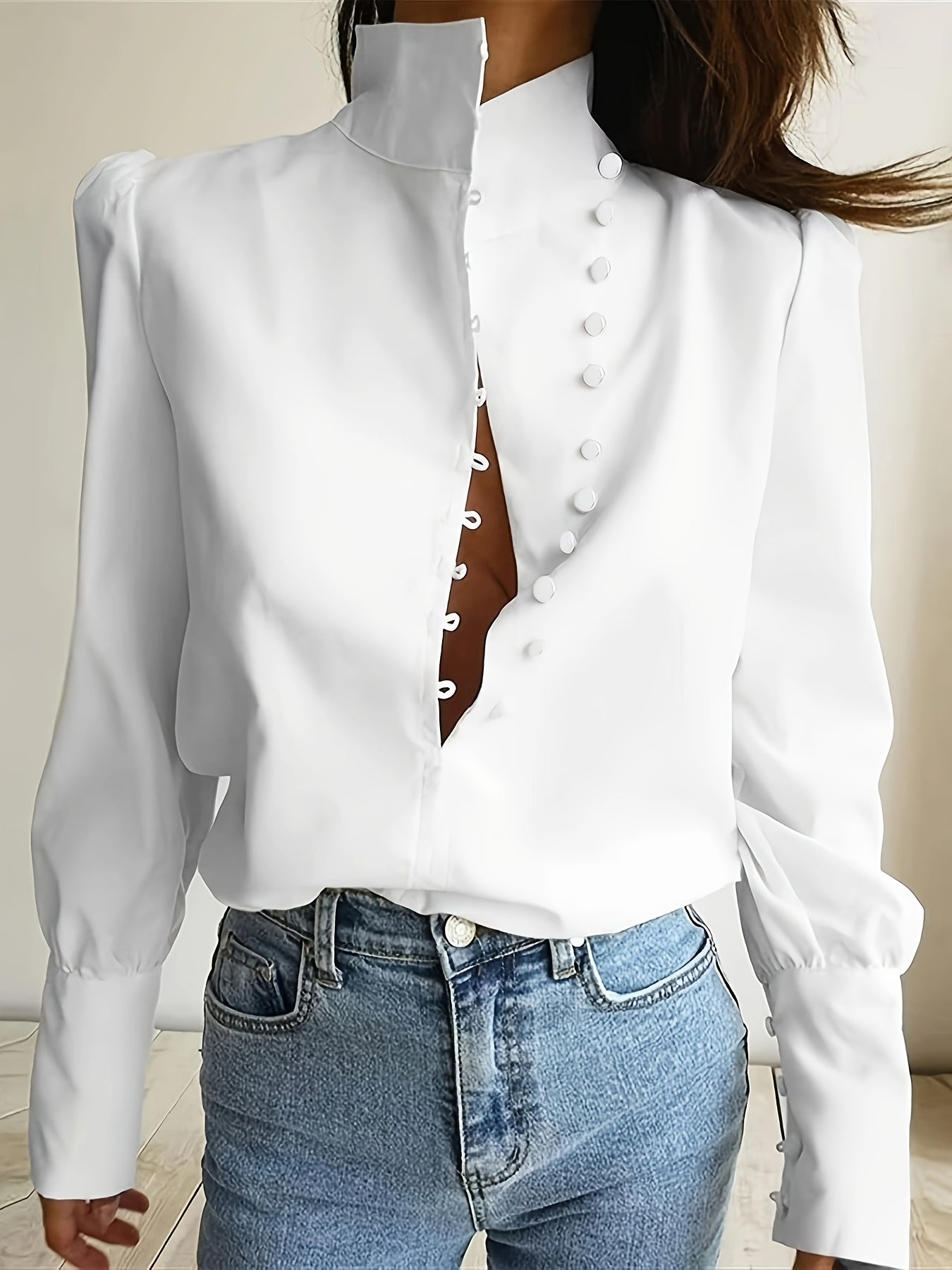 Asymmetrical Lapel Half Placket Shirt | Single Breasted, Long Sleeve, Regular Fit, Solid Color, Casual Tops for Spring/Summer/Fall