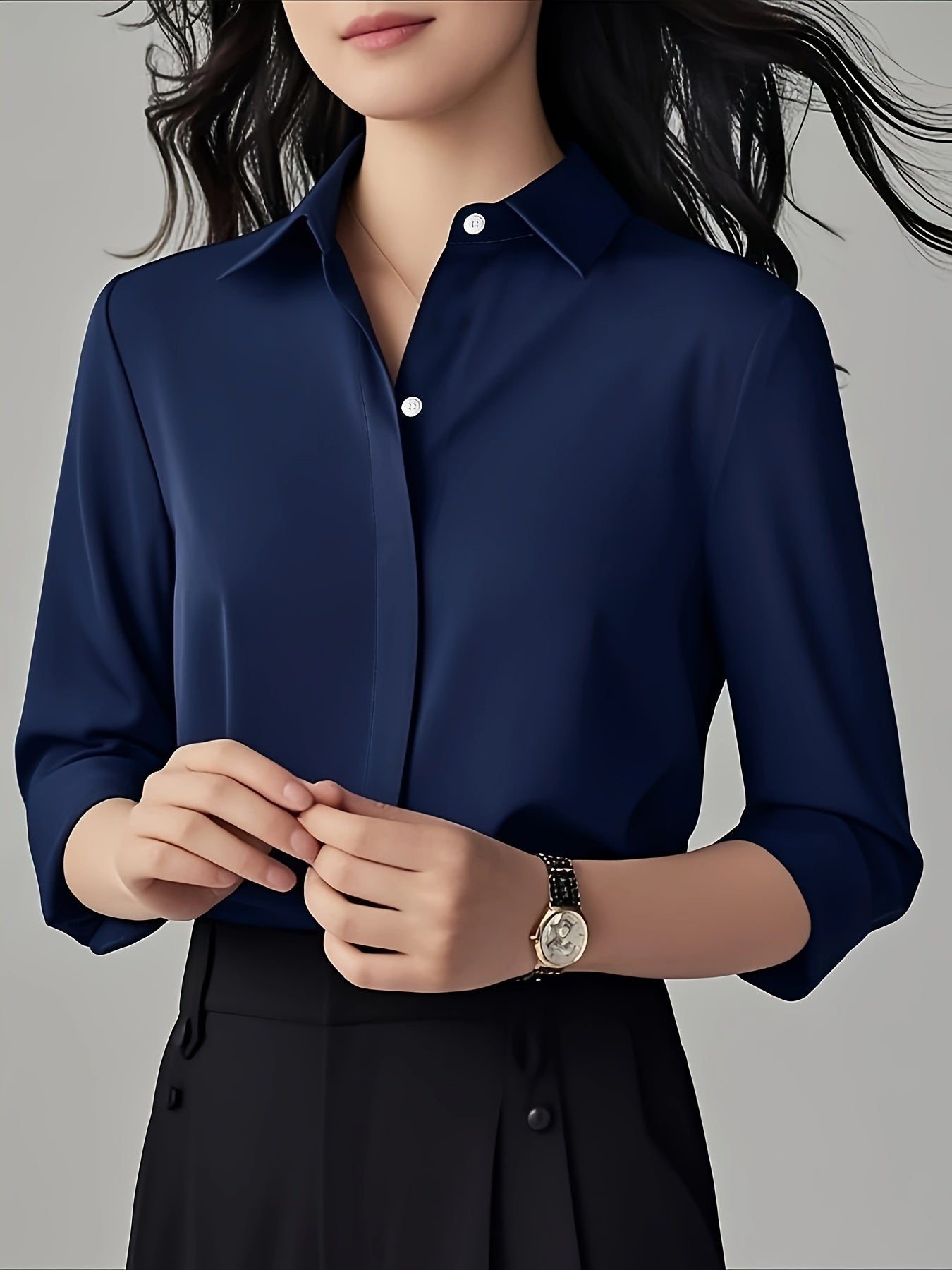 Women'S Long Sleeve Business Casual Shirt with Lapel Collar and Button Details | Solid Color, Regular Length, All-season Wear