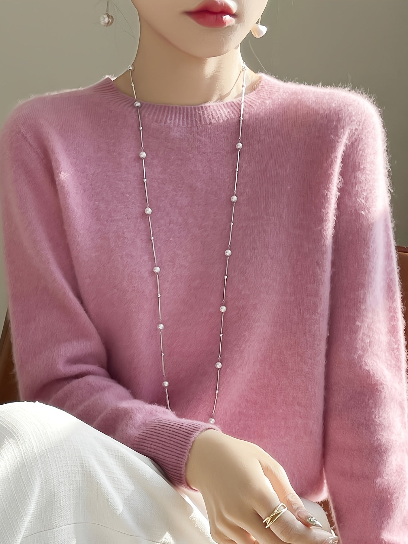 Autumn and winter crew neck pullover knitted sweater long-sleeved warm sweater fashionable solid color matching white camel beige women's top