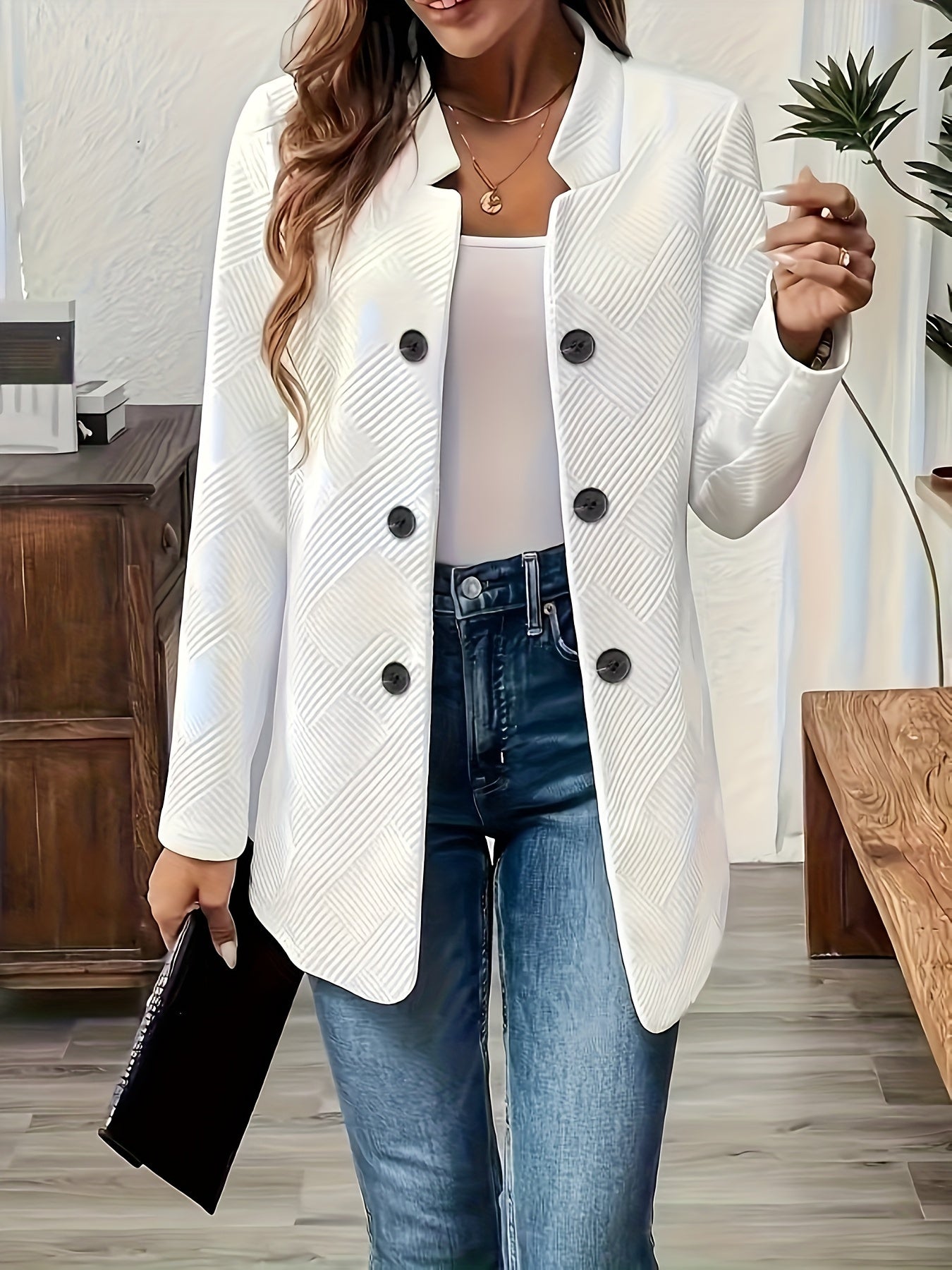 Versatile All-Season Outerwear - Women's Elegant Solid Color Cardigan Jacket - Front Button Decorative - Long Sleeve Open Front with Pockets - Machine Washable - Casual Layering Piece - Sophisticated Texture - Durable Fabric