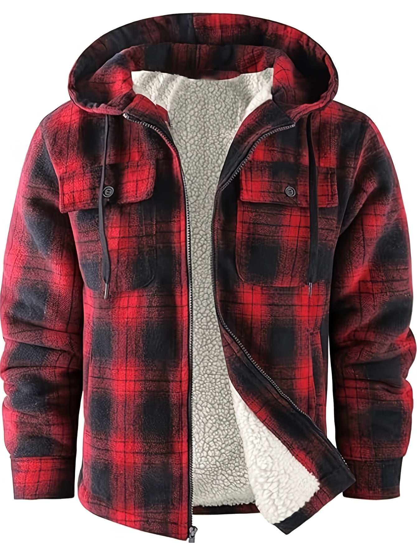 Men's Full-Zip Hooded Winter Sports Plaid Shirt with Fleece Sherpa Lining Warm Hooded Jacket