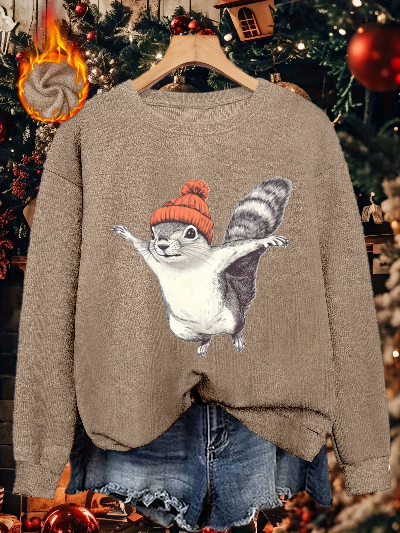 2025 Winter New Women's Warm Fabric Sweatshirt with Cute Cartoon Squirrel Print, Loose Fit Round Neck Fashion Casual Base Layer Versatile Pullover Shirt, Elegant Commuter Style for Autumn and Winter, Christmas Clothing, Christmas Gift, Gift for Mom