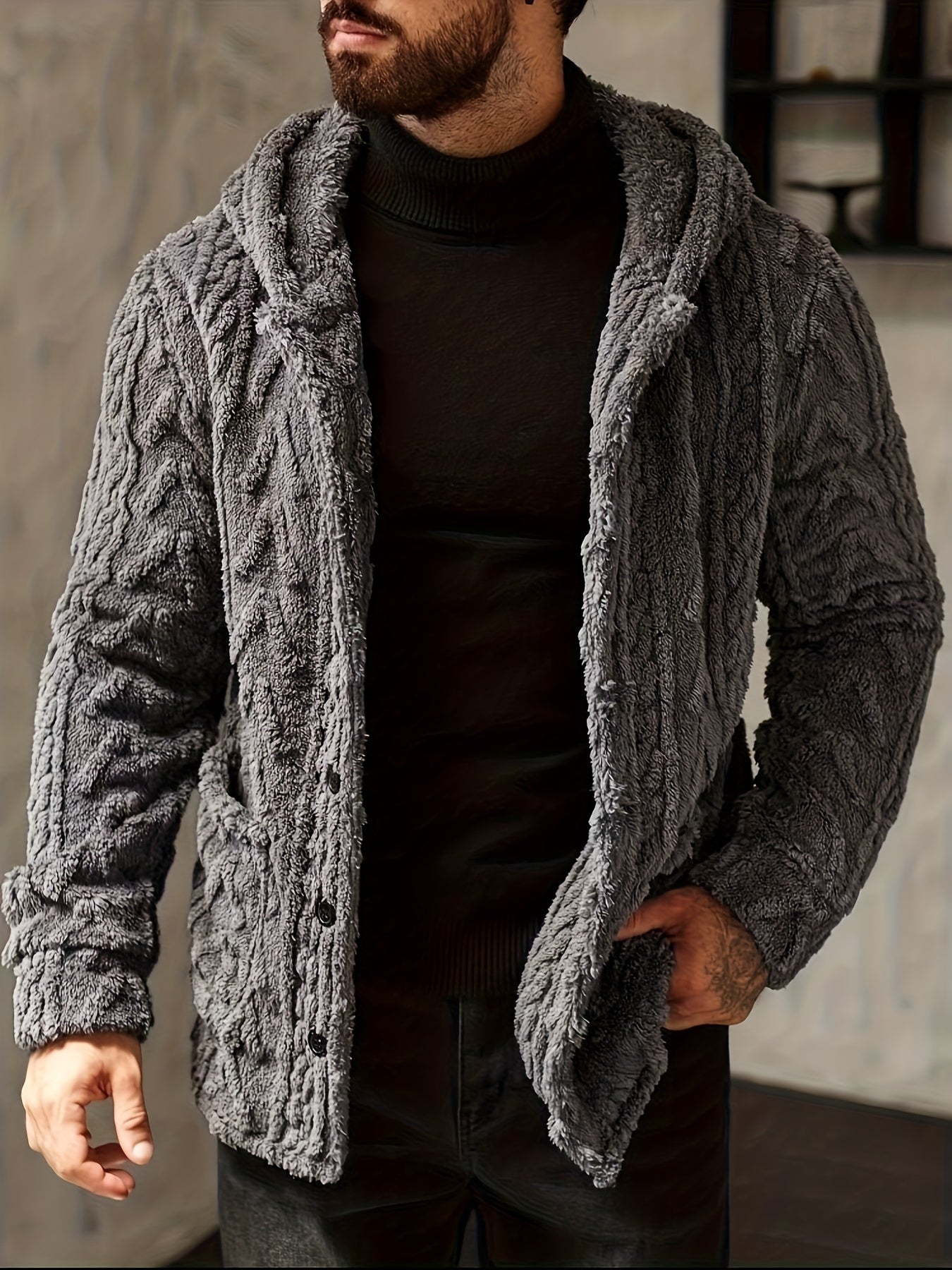 Men'S Casual Solid Color Hooded Fleece Jacket | Suitable for Autumn/Winter, Teddy Velvet, Regular Fit, Button Closure, Single Breasted, No Lining