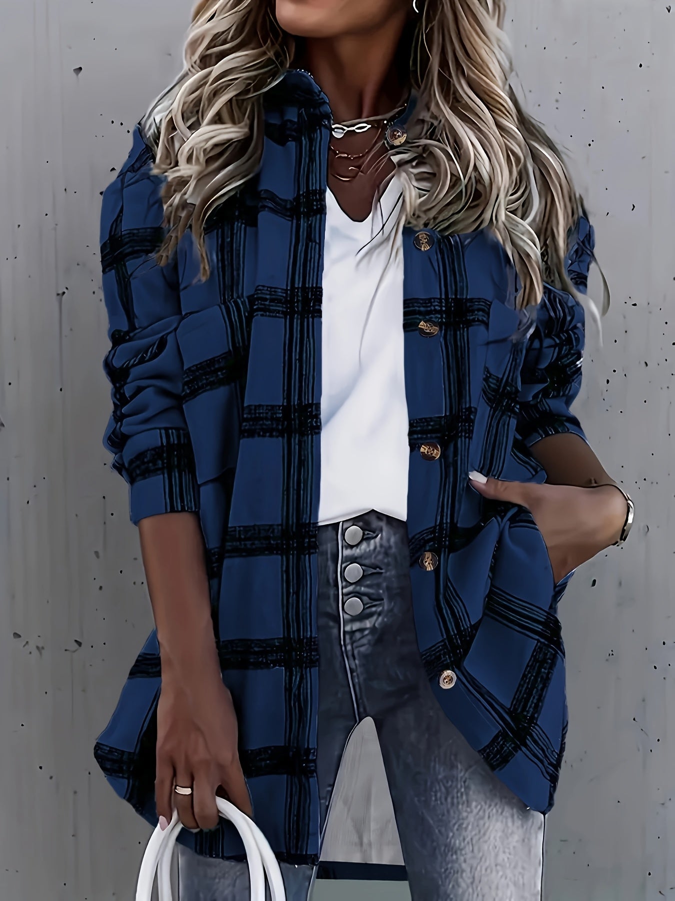 Stylish Casual Blue and White Plaid Print Long Sleeve Shirt with Pockets - Button-Up Collared, Polyester, Machine Washable, Loose Fit for All Seasons