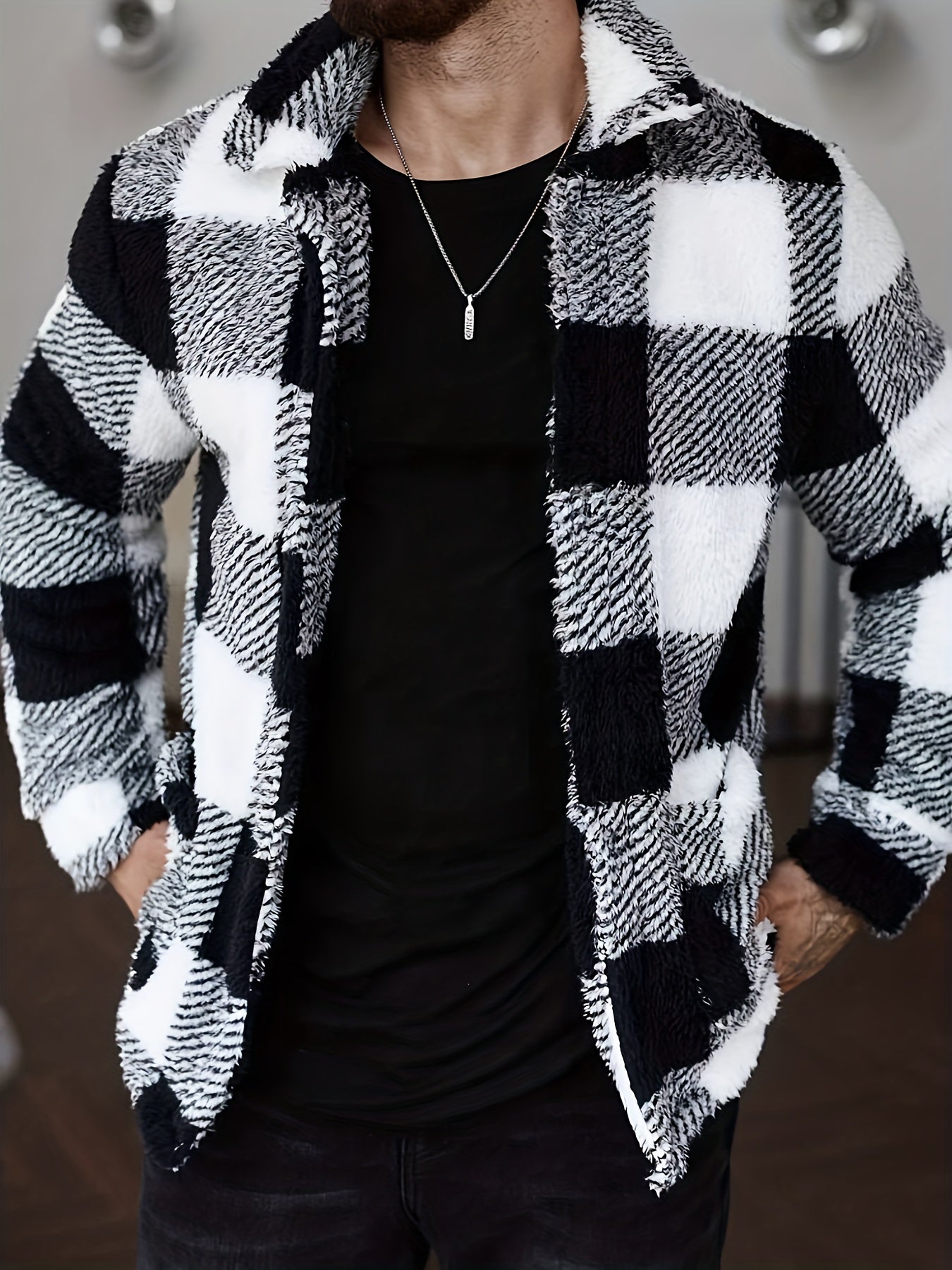 Men's Winter Casual Outerwear - Black & White Plaid Fleece Jacket - Soft Plush Coat with Button Front Closure - Loose Fit Long Sleeve for Cold Weather