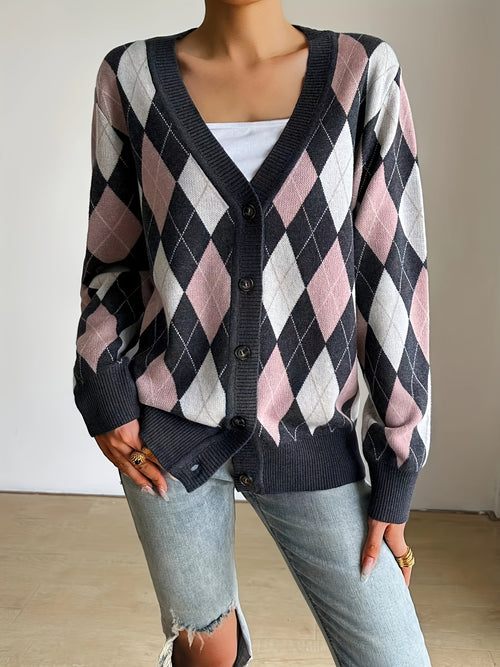 1pc Women'S Casual V-Neck Knit Cardigan - Polyester Plaid Pattern Button-Up Fall/Winter Sweater with Long Sleeves
