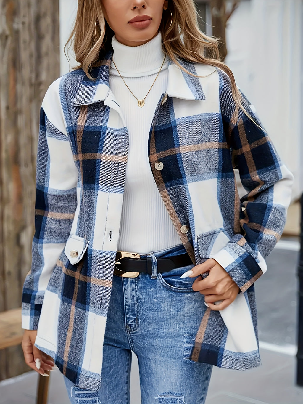 Casual & Smart-Casual Outfits - Women's Blue Plaid Shirt Jacket - Classic Collar with White Piping - Button Front & Structured Lapel Blazer for Spring/Fall (Blue/White/Black/Brown Checkered Pattern) - Machine Washable