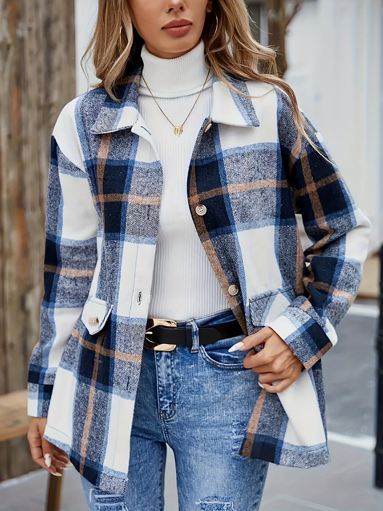 Casual & Smart-Casual Outfits - Women's Blue Plaid Shirt Jacket - Classic Collar with White Piping - Button Front & Structured Lapel Blazer for Spring/Fall (Blue/White/Black/Brown Checkered Pattern) - Machine Washable