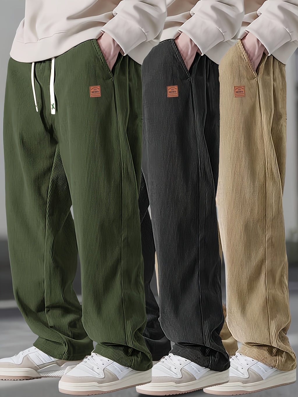 Men's Loose Straight Mid-Waist Elastic Drawstring Side Pocket Corduroy Casual Pants - Beige, Olive Green, Black, Dark Grey