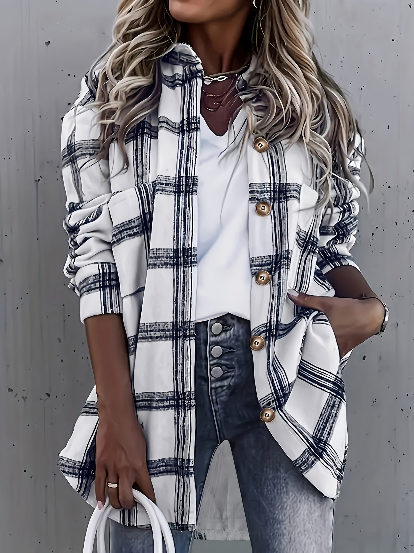 Stylish Casual Blue and White Plaid Print Long Sleeve Shirt with Pockets - Button-Up Collared, Polyester, Machine Washable, Loose Fit for All Seasons