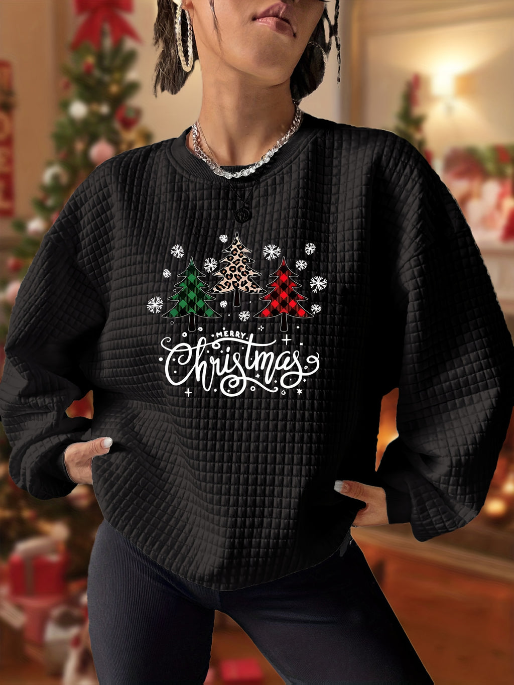 Women'S Christmas Tree Print Sweatshirt - Cozy Crewneck Pullover with Red & Green Holiday Design, Long Sleeve Winter Warmth, Soft Casual Sweater for Fall & Winter, Christmas Sweatshirt, Festive Clothing, Comfortable Fit, Seasonal Fashion