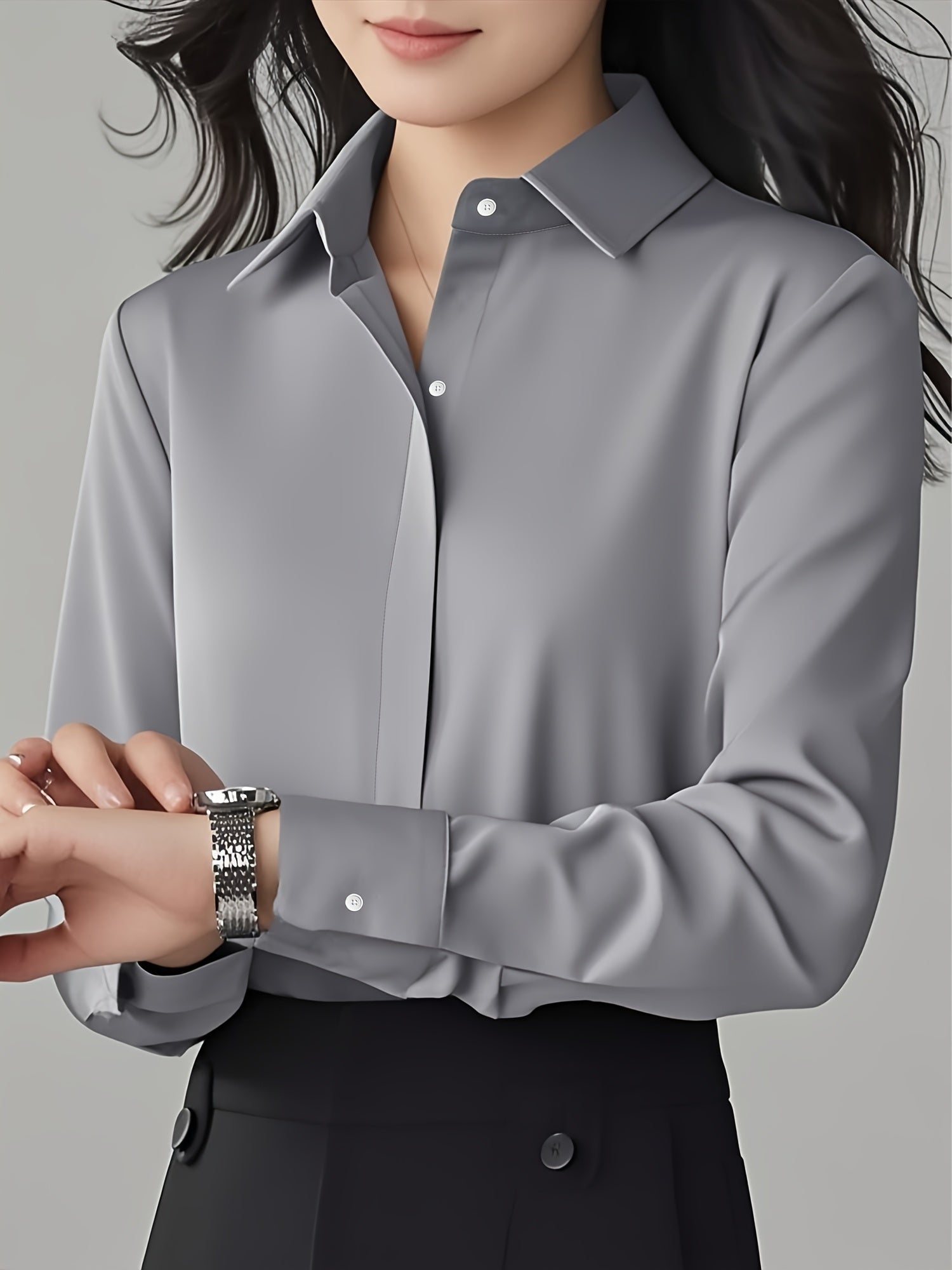 Women'S Long Sleeve Business Casual Shirt with Lapel Collar and Button Details | Solid Color, Regular Length, All-season Wear