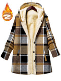 Women'S Cozy Fleece-Lined Hooded Jacket - Plaid Pattern, Long Sleeve, Button-Up Front, Flared Hem, Casual Winter Outerwear for Fall & Winter, Brown & Plaid, Winter Jacket, Fall Fashion, Elegant Style