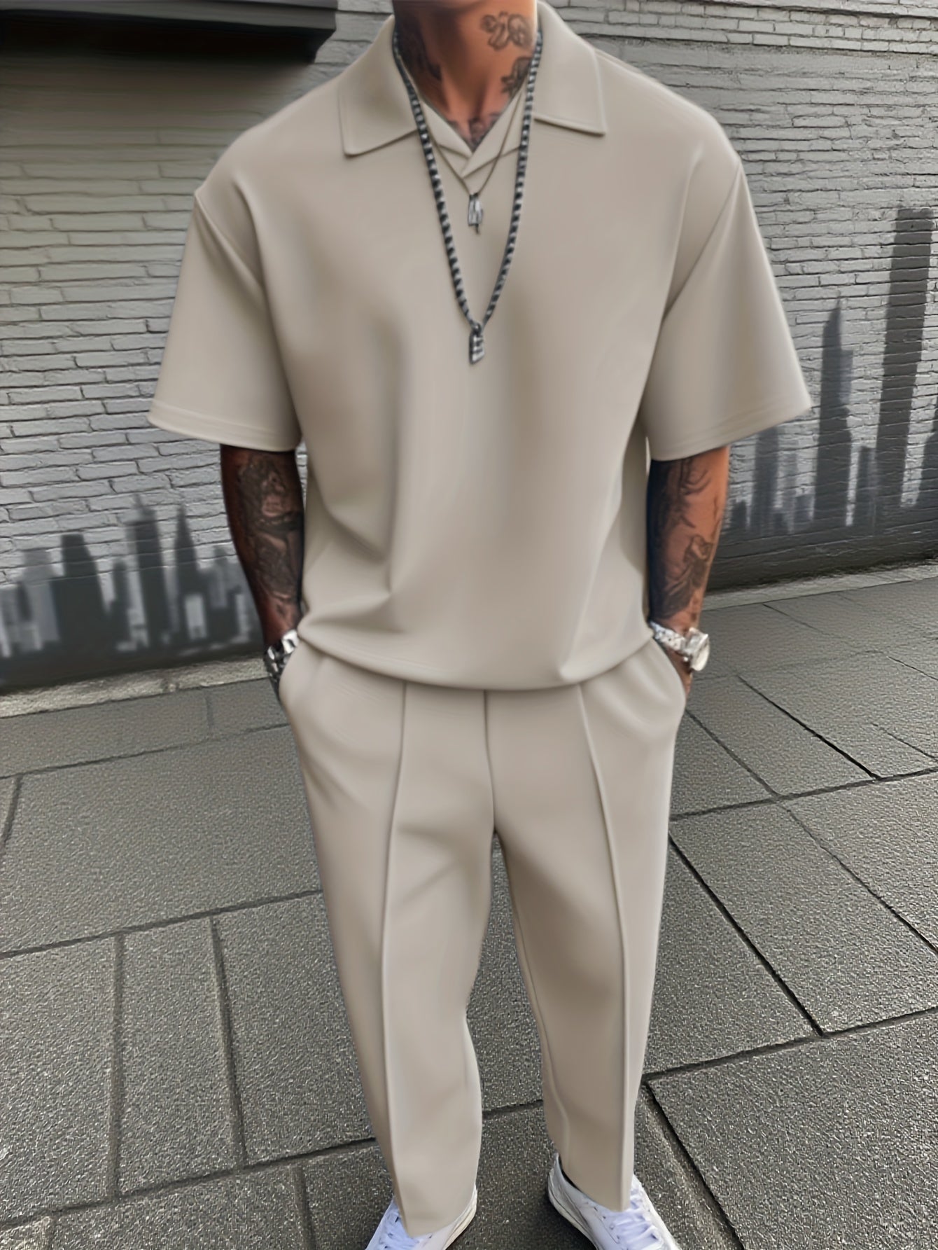 Light Gray - Men's Casual Solid Color Short Sleeve Long Pants Set - Button-Up Shirt with Chest Pocket, Loose Fit, Summer Style, Casual Attire|Casual Style|Slight Stretch Fabric