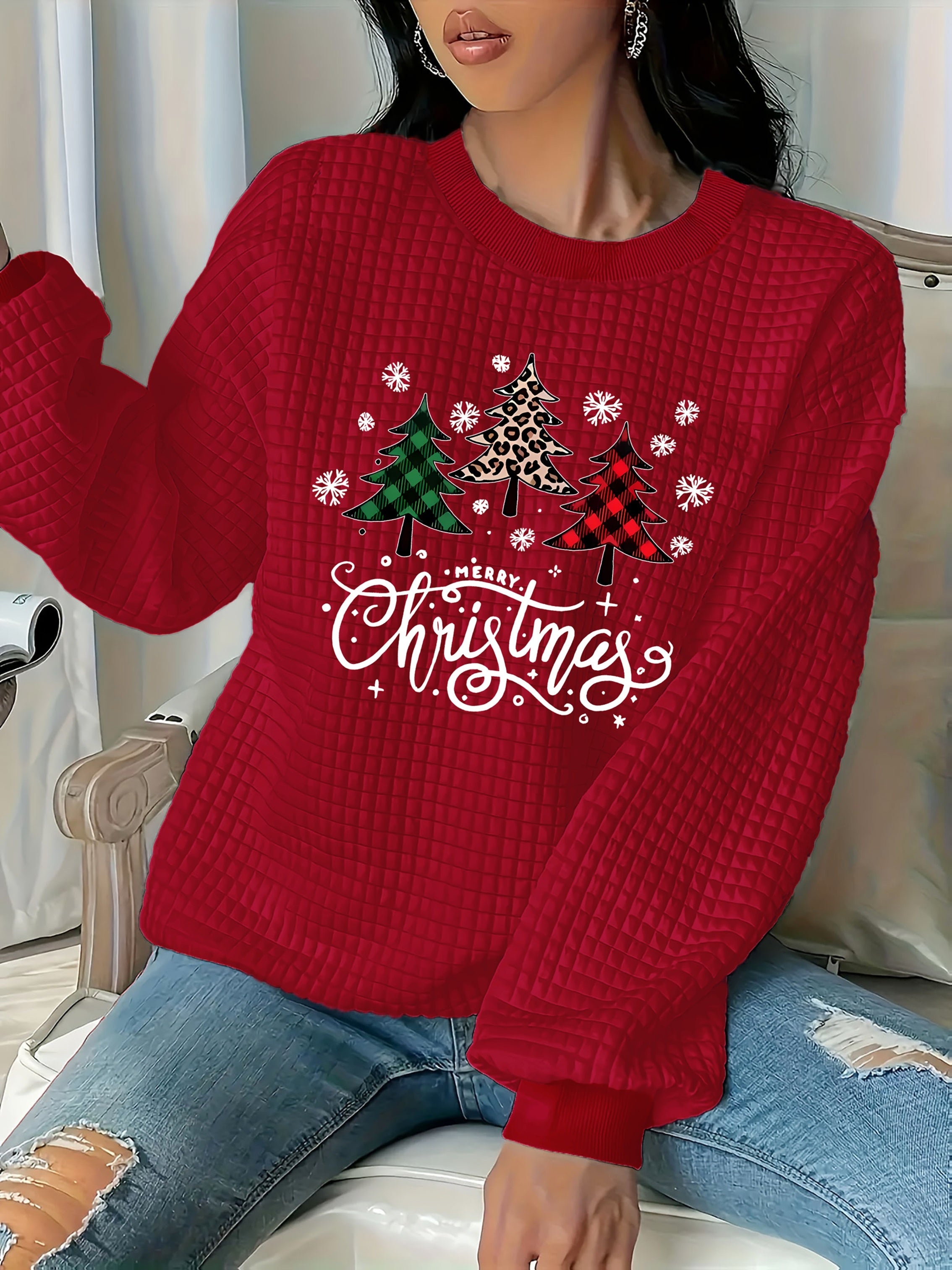 Women'S Christmas Tree Print Sweatshirt - Cozy Crewneck Pullover with Red & Green Holiday Design, Long Sleeve Winter Warmth, Soft Casual Sweater for Fall & Winter, Christmas Sweatshirt, Festive Clothing, Comfortable Fit, Seasonal Fashion