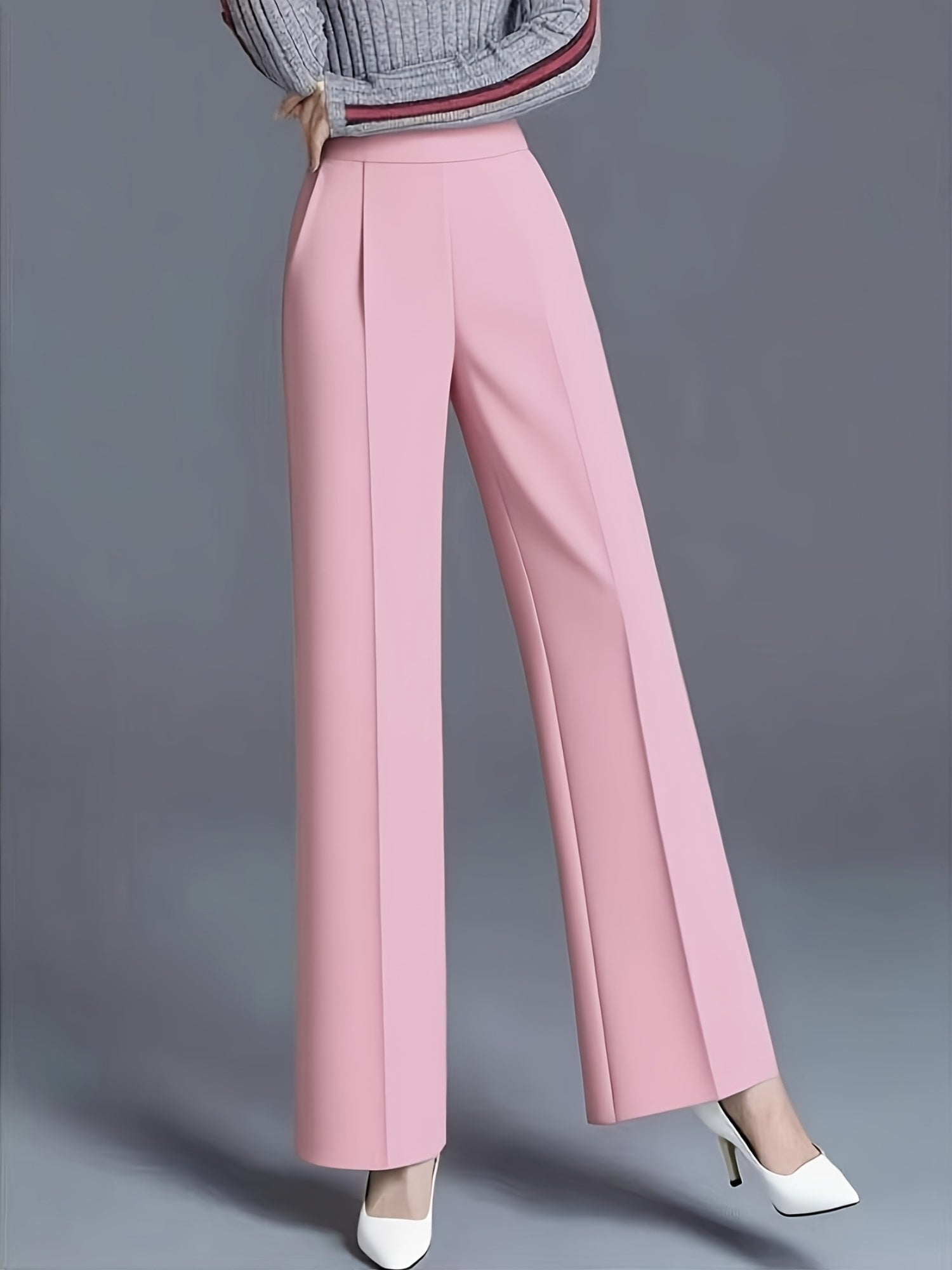 Plus Size - Plus-Size Women'S Elegant High-Waisted Wide-Leg Pants in Solid Pink/Navy Blue, Featuring a Tailored Straight Cut, Diagonal Pockets, Suitable for All Seasons, Office Casual Wear, Machine Washable, Designed Specifically for Curvy Figures.