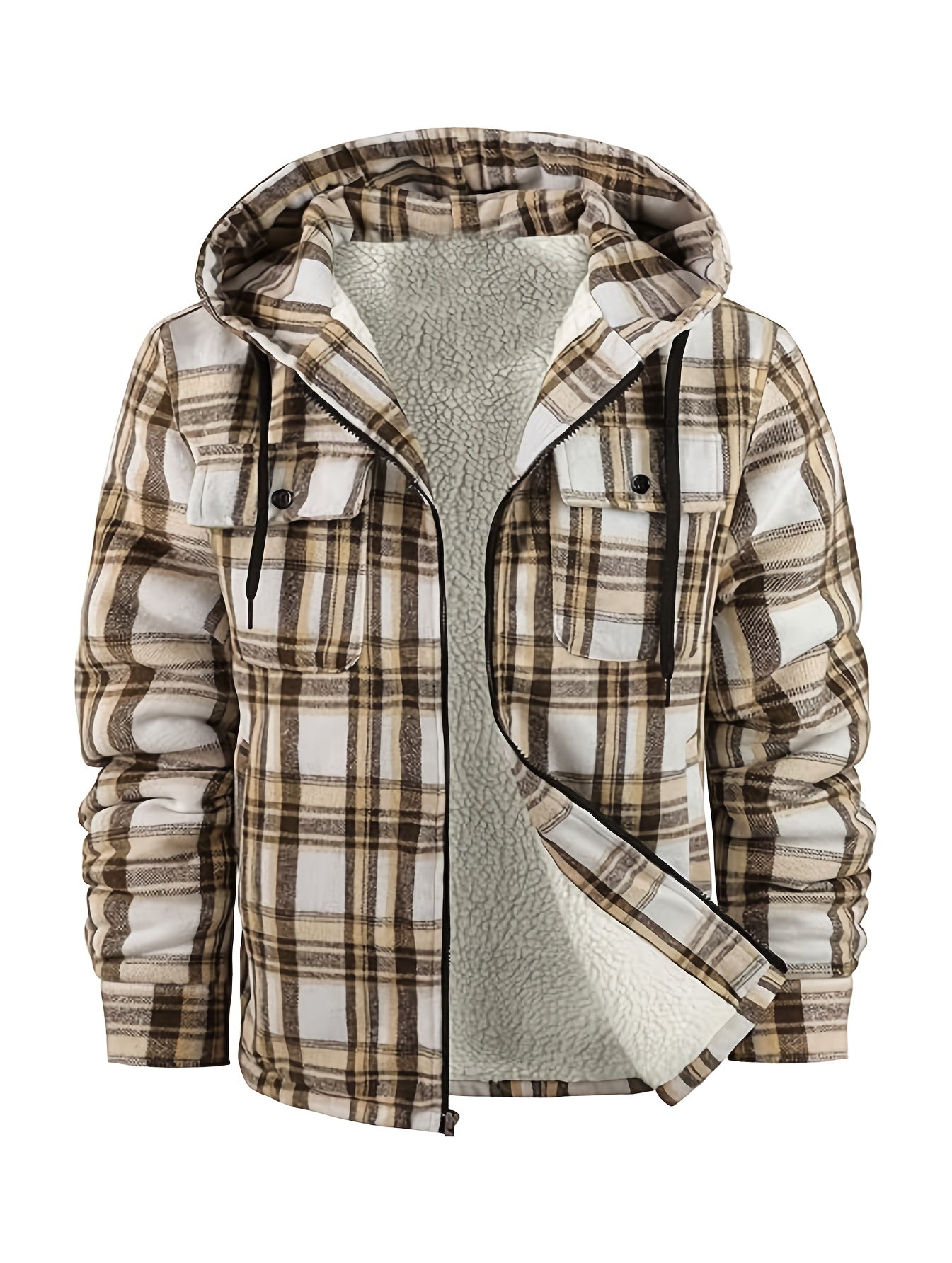 Men's Full-Zip Hooded Winter Sports Plaid Shirt with Fleece Sherpa Lining Warm Hooded Jacket