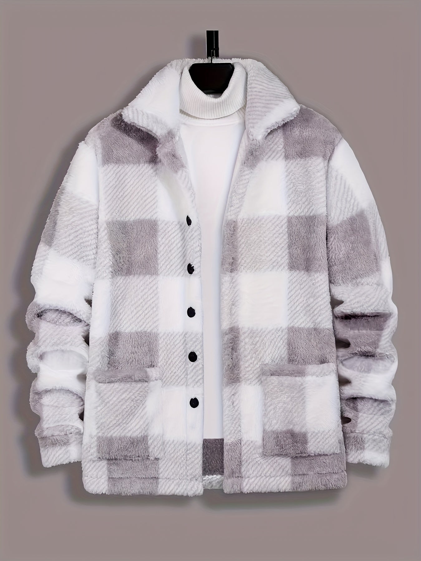 Men's Winter Casual Outerwear - Black & White Plaid Fleece Jacket - Soft Plush Coat with Button Front Closure - Loose Fit Long Sleeve for Cold Weather