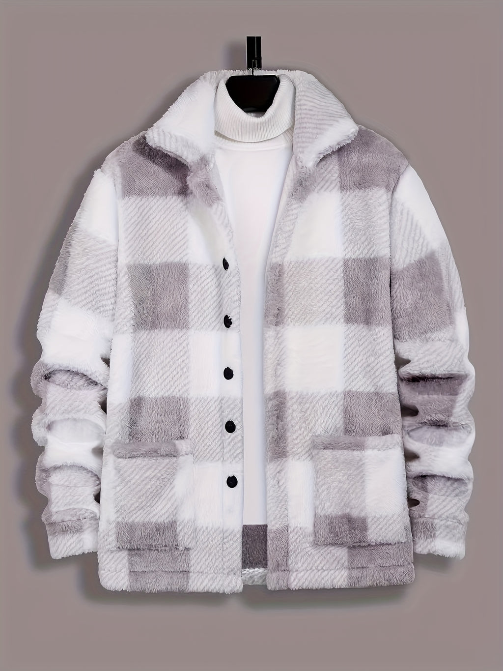 Men's Winter Casual Outerwear - Black & White Plaid Fleece Jacket - Soft Plush Coat with Button Front Closure - Loose Fit Long Sleeve for Cold Weather