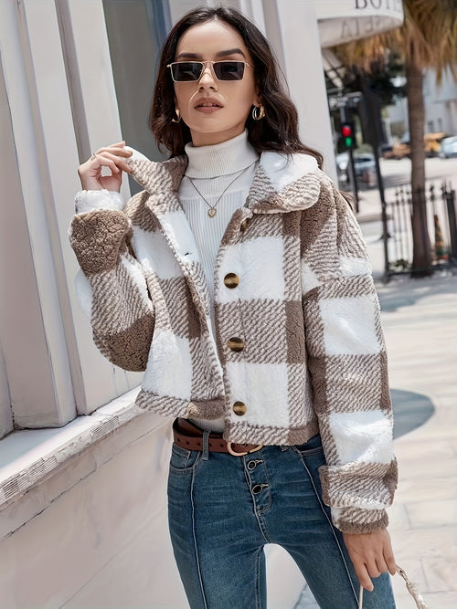 Chic Plaid Teddy Coat - Warm Button-Front Design with Insulated Long Sleeves - Fashion-Forward Winter Thermal Outwear for Women