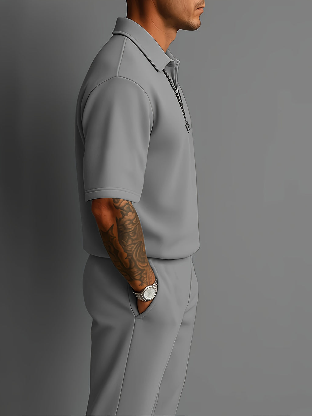 Light Gray - Men's Casual Solid Color Short Sleeve Long Pants Set - Button-Up Shirt with Chest Pocket, Loose Fit, Summer Style, Casual Attire|Casual Style|Slight Stretch Fabric