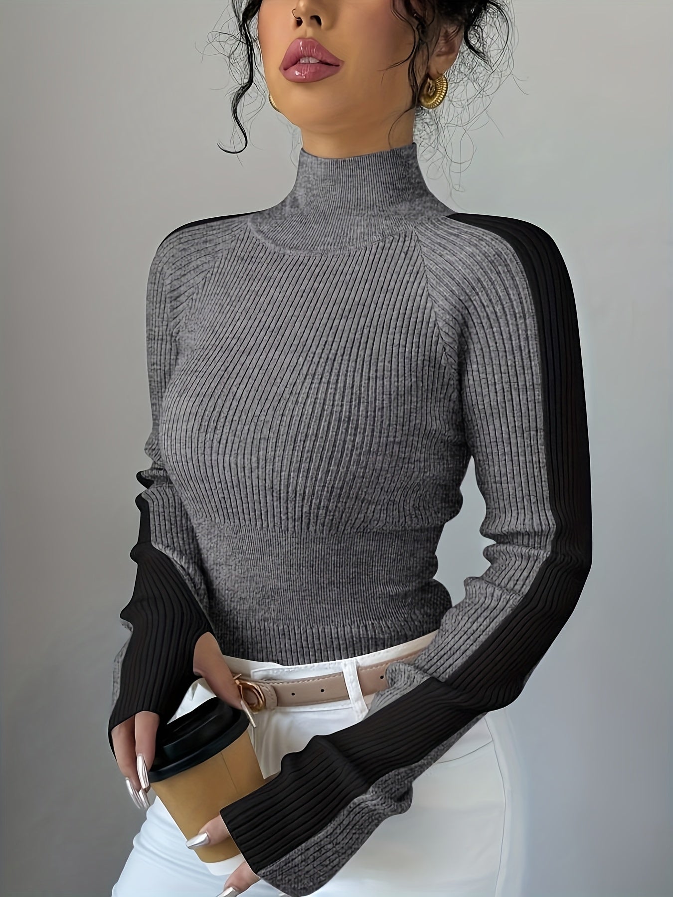 Color Block High Neck Comfortable Soft Turtleneck | Elegant Fall/Winter Layering Top